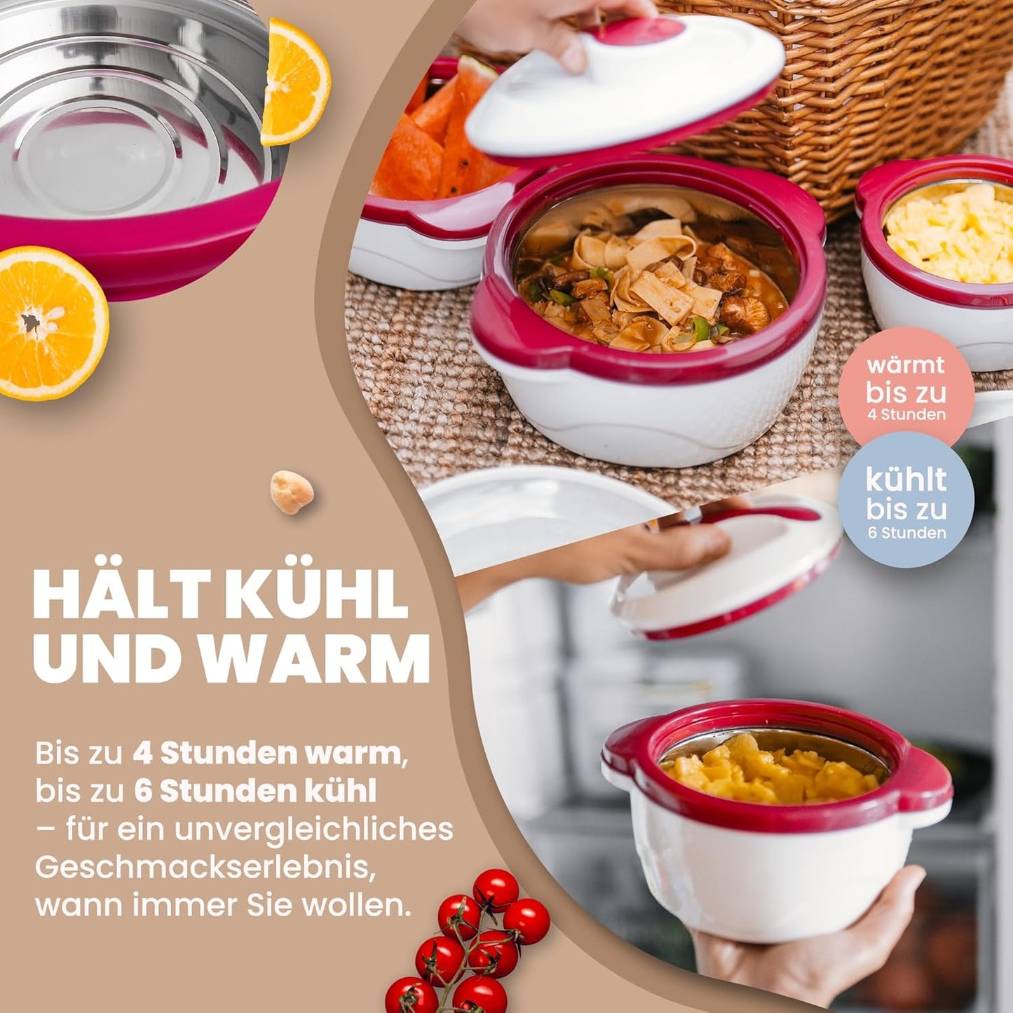 3er-Set Thermoschüssel mit Deckel, Beere