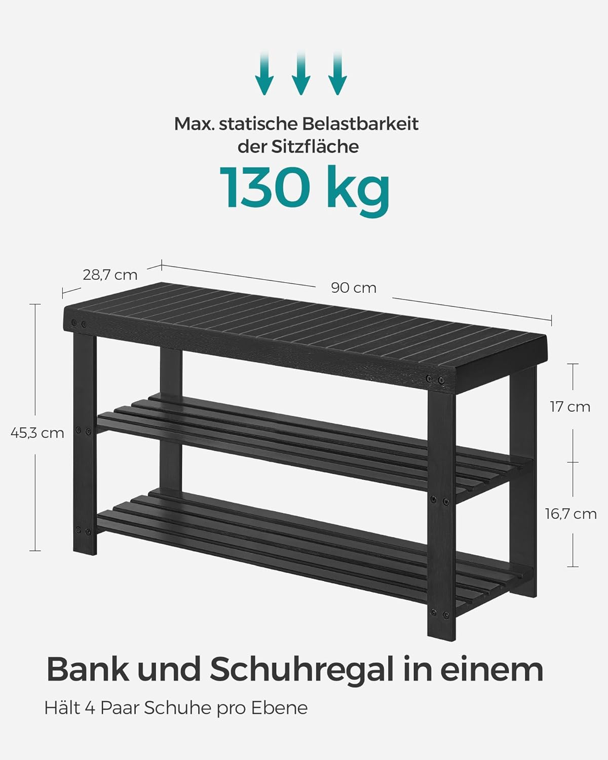 Schuhbank mit 3 Ebenen, Schwarz 90L cm