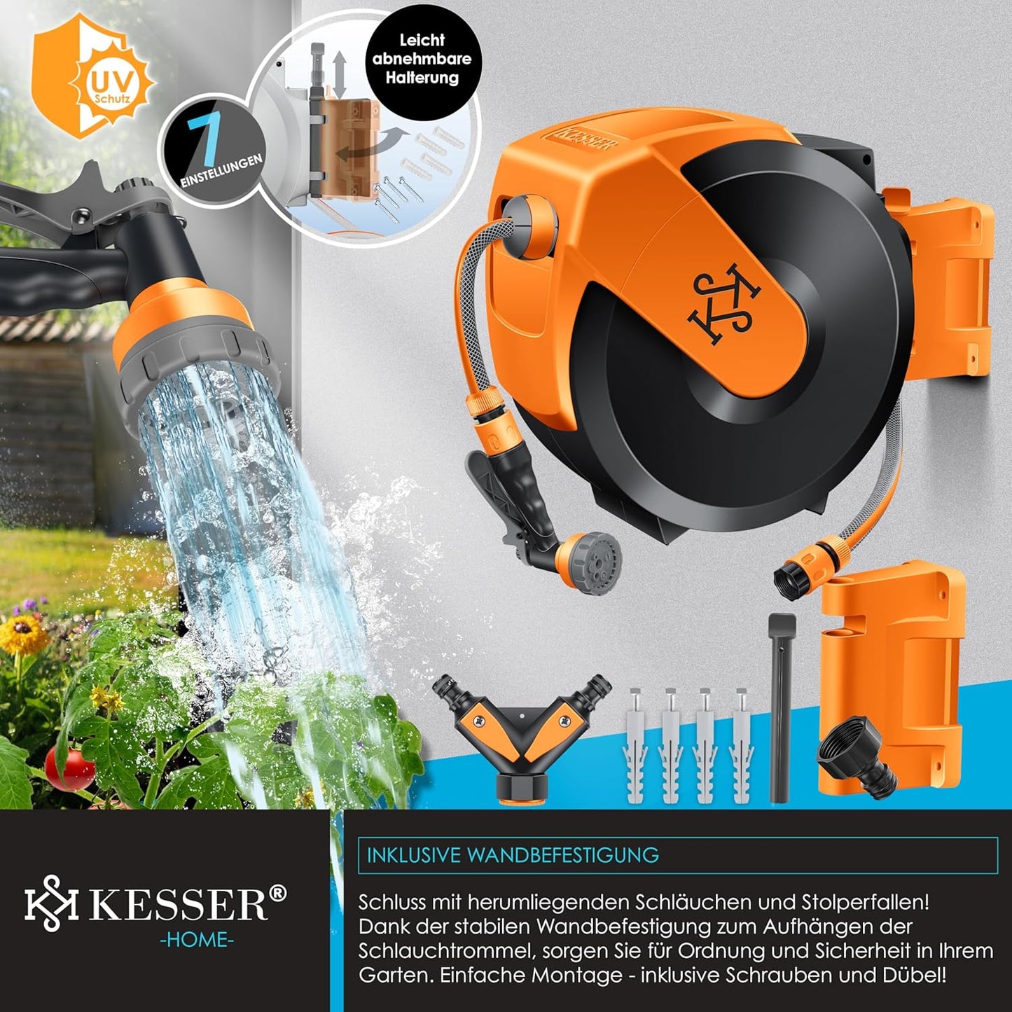 Schlauchtrommel mit 35m Gartenschlauch & Handbrause, Schwarz / Orange, 35m