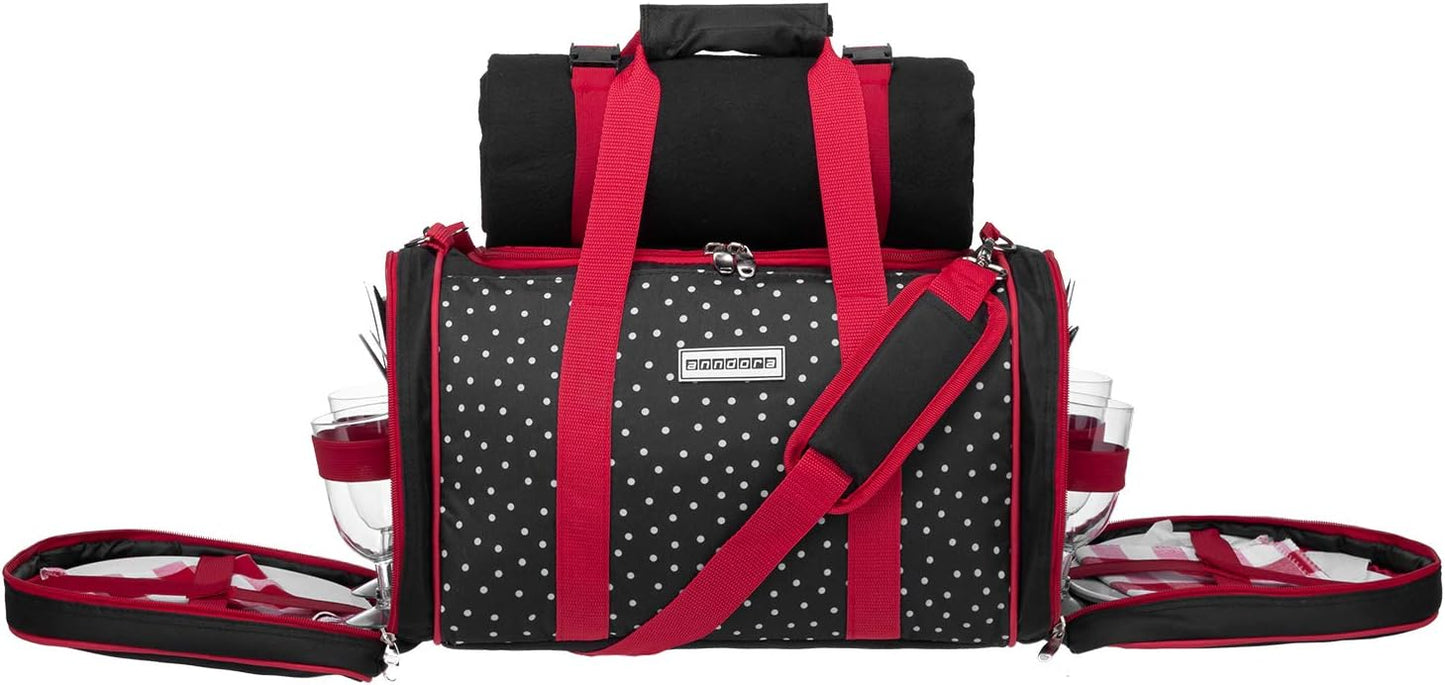 Picknick-Kühltasche mit Decke & Zubehör-Set, 3337: Schwarz Weiss Gepunktet