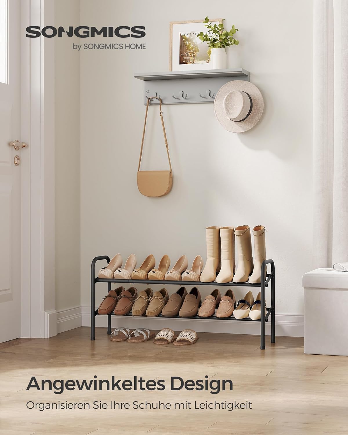 Schuhregal mit 2 Ebenen, 2 Tier (23 x 58 x 42 cm) Tintenschwarz