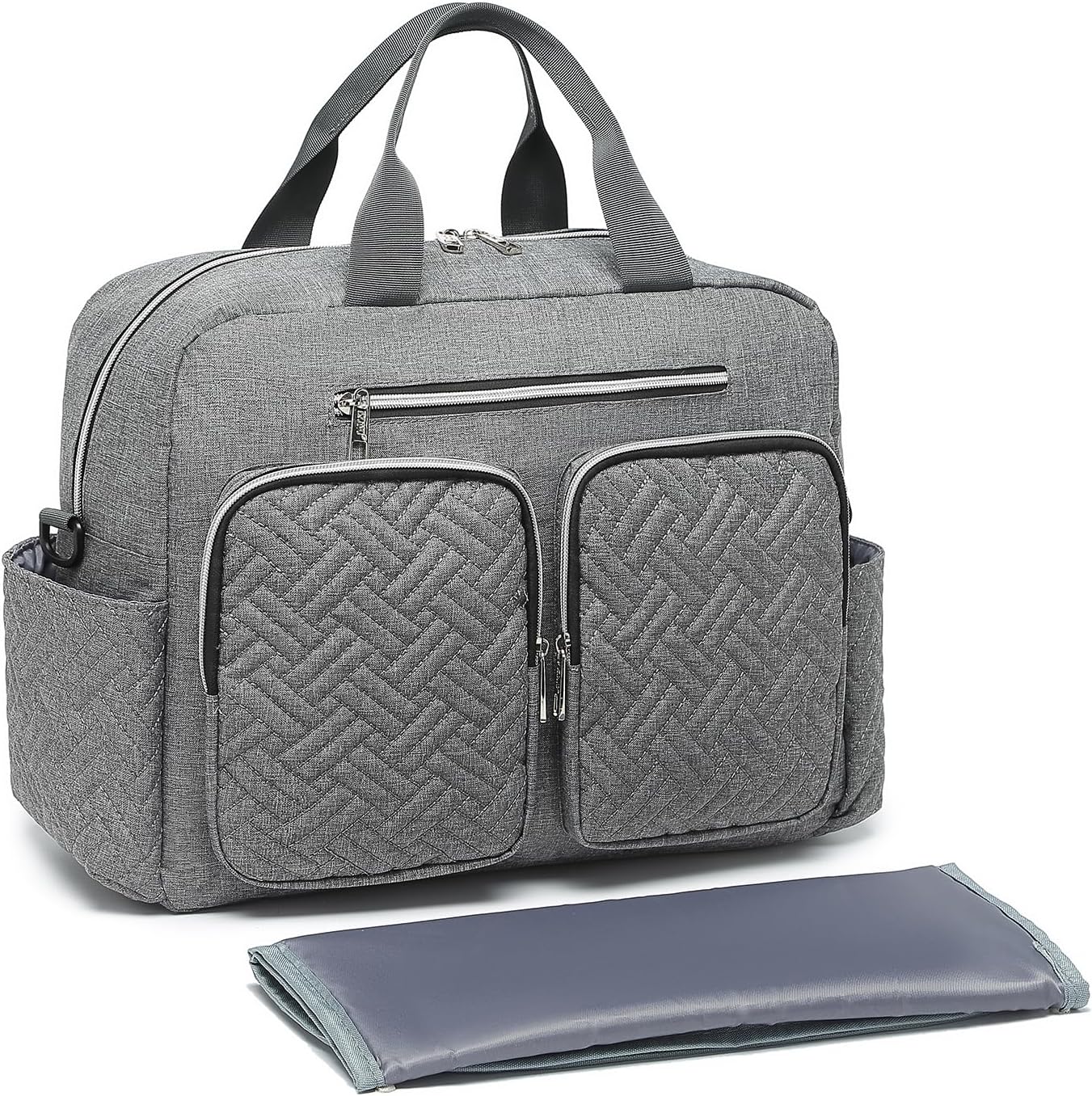 Baby-Wickeltasche mit Wickelauflage und isolierten Taschen, Große Tasche mit Wickelauflage Grau