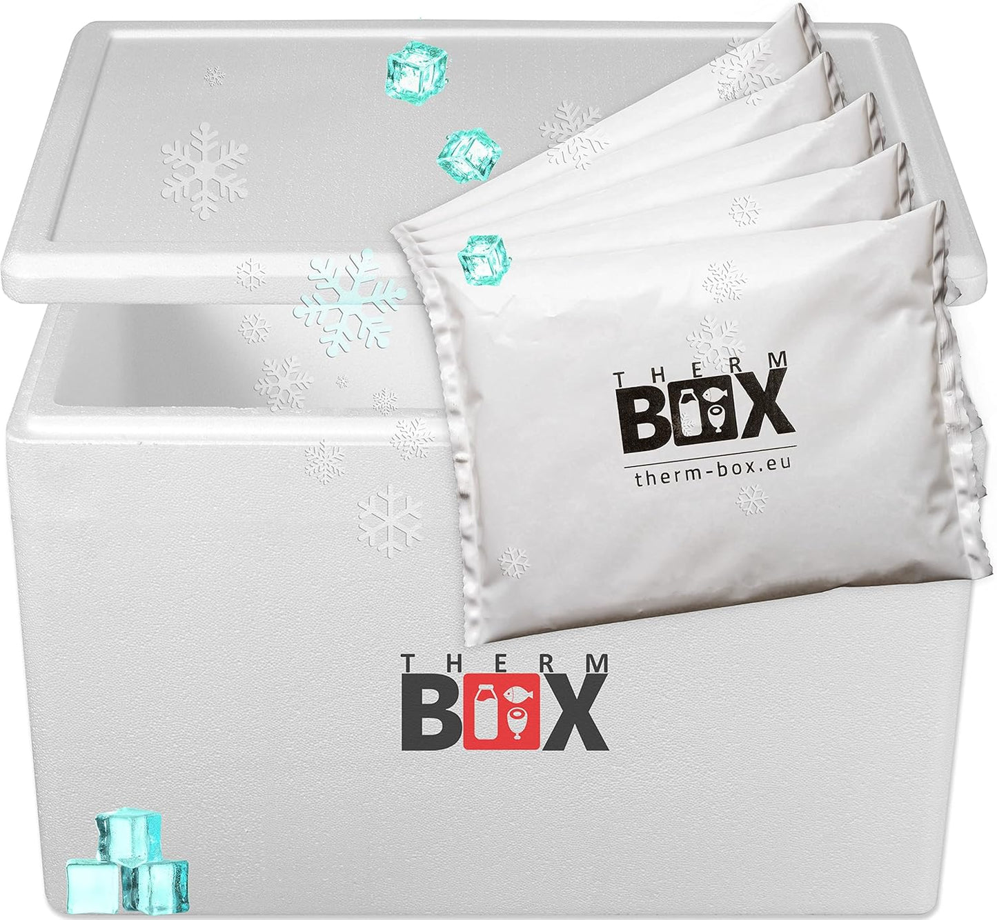 Styroporbox mit Kühlakkus, 61L | 5 x Kühlakku | 59x39x40cm