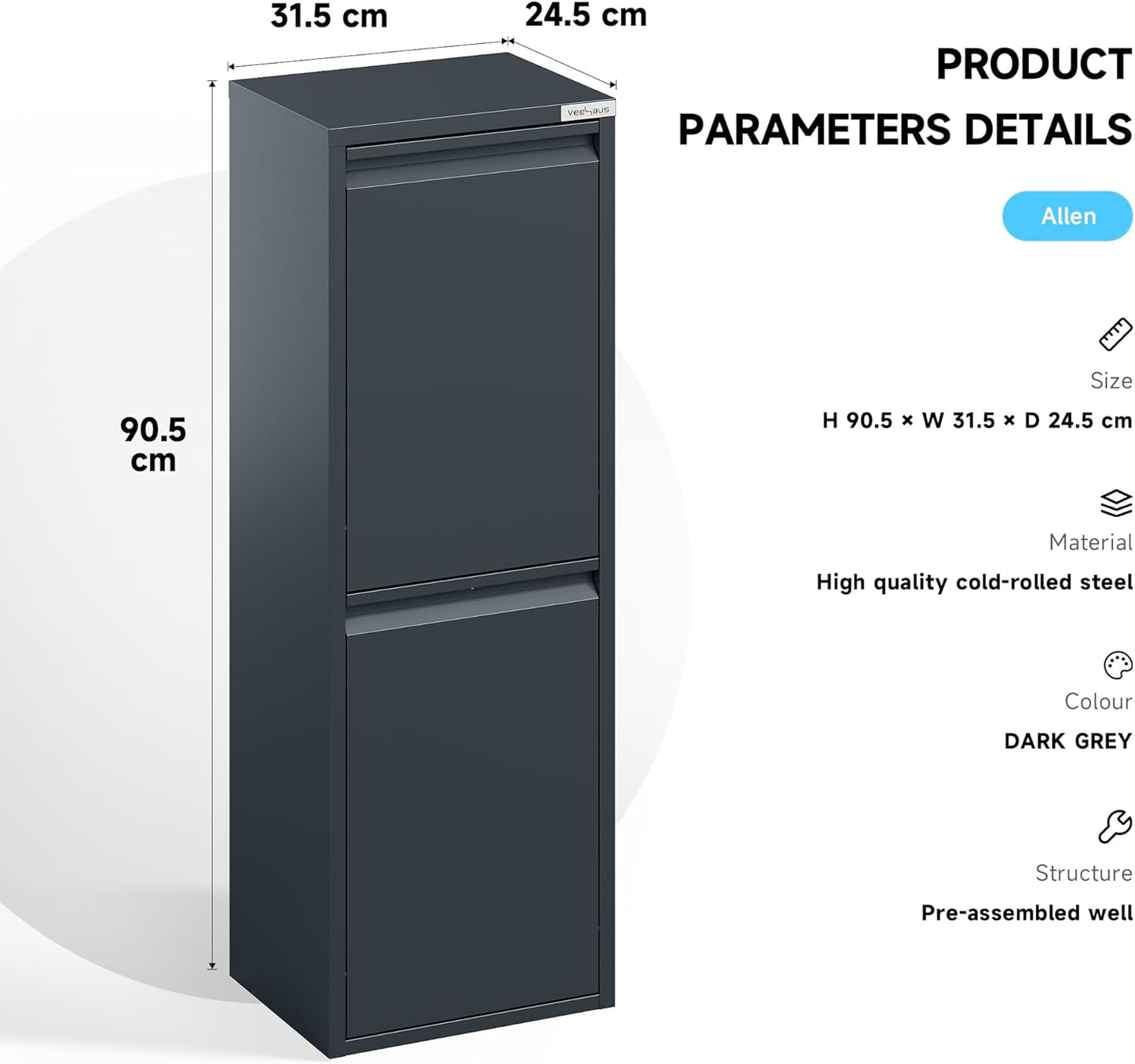 Geruchloses Mülltrennsystem, 2 x 15 L Anthrazit