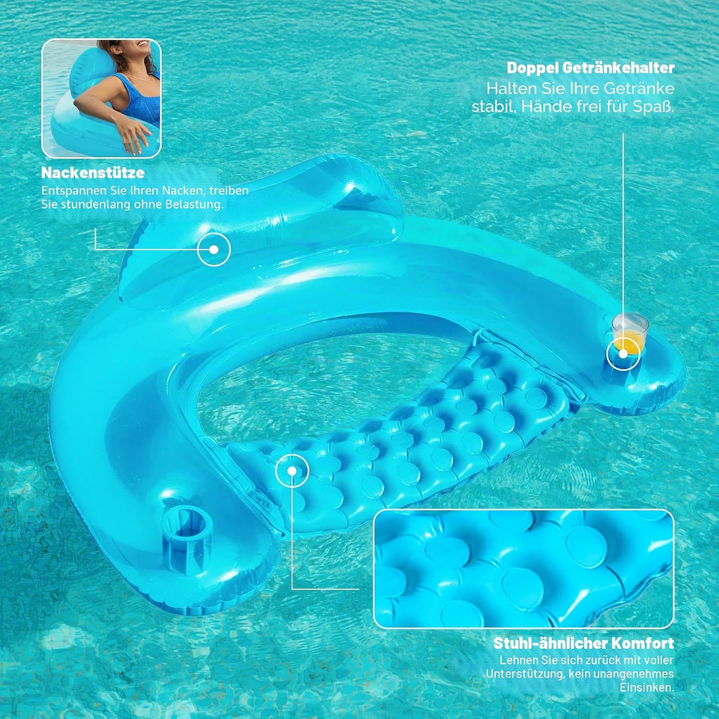 Aufblasbare Pool-Flösse mit Getränkehaltern, 2er-Set, Reine Farbe, Blau, Grün