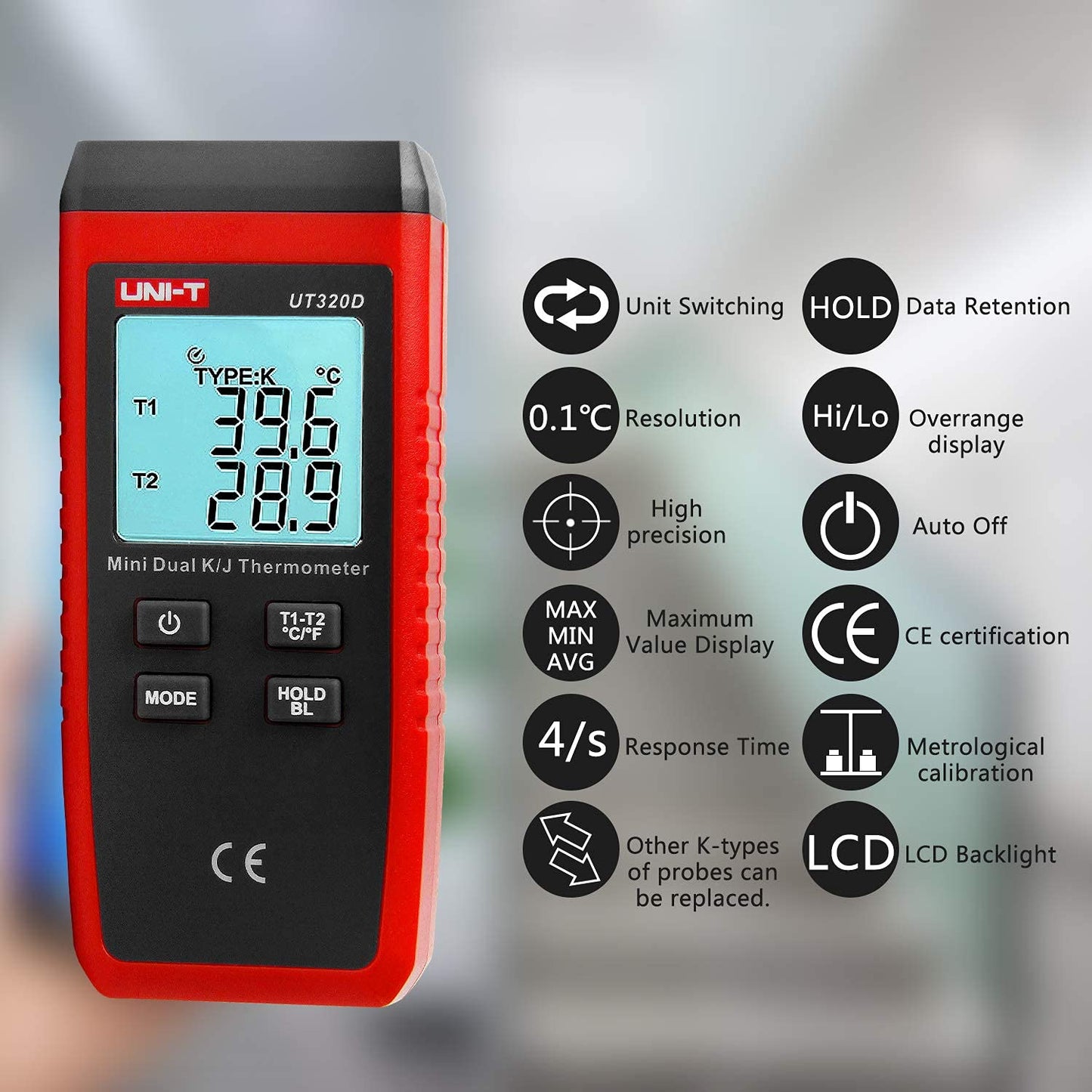 Digitales Thermometer UT320D mit 2 K-Sonden