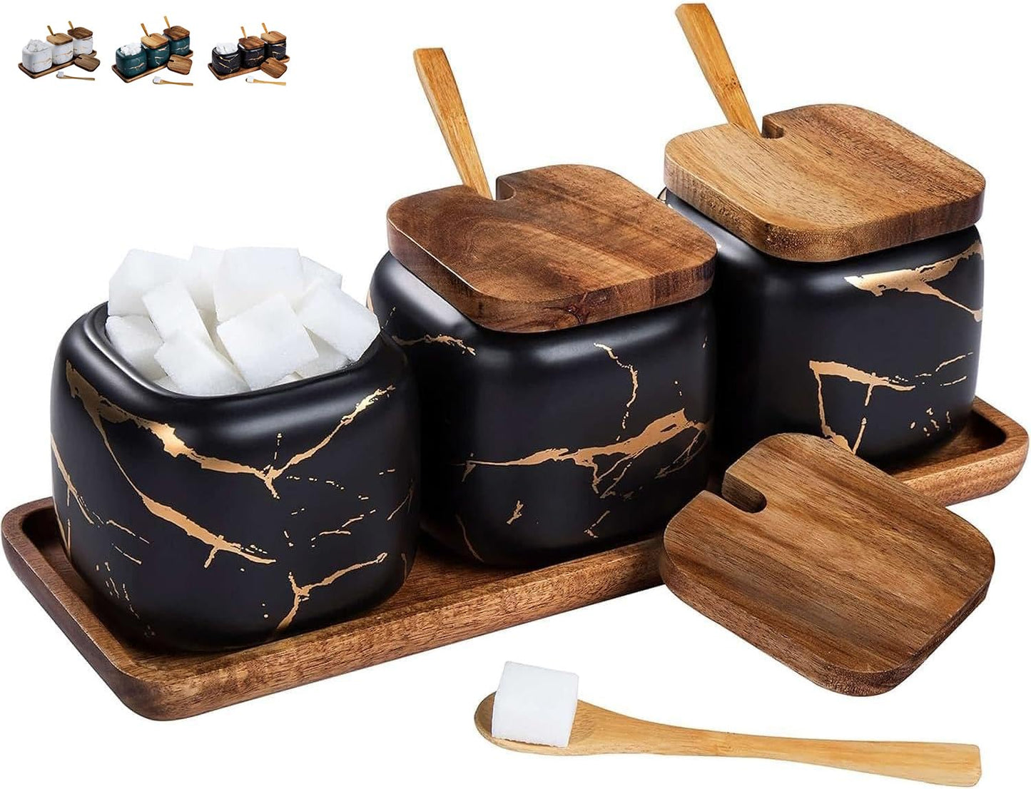 3-teiliges Zuckerdosen-Set mit Löffeln, Schwarzes