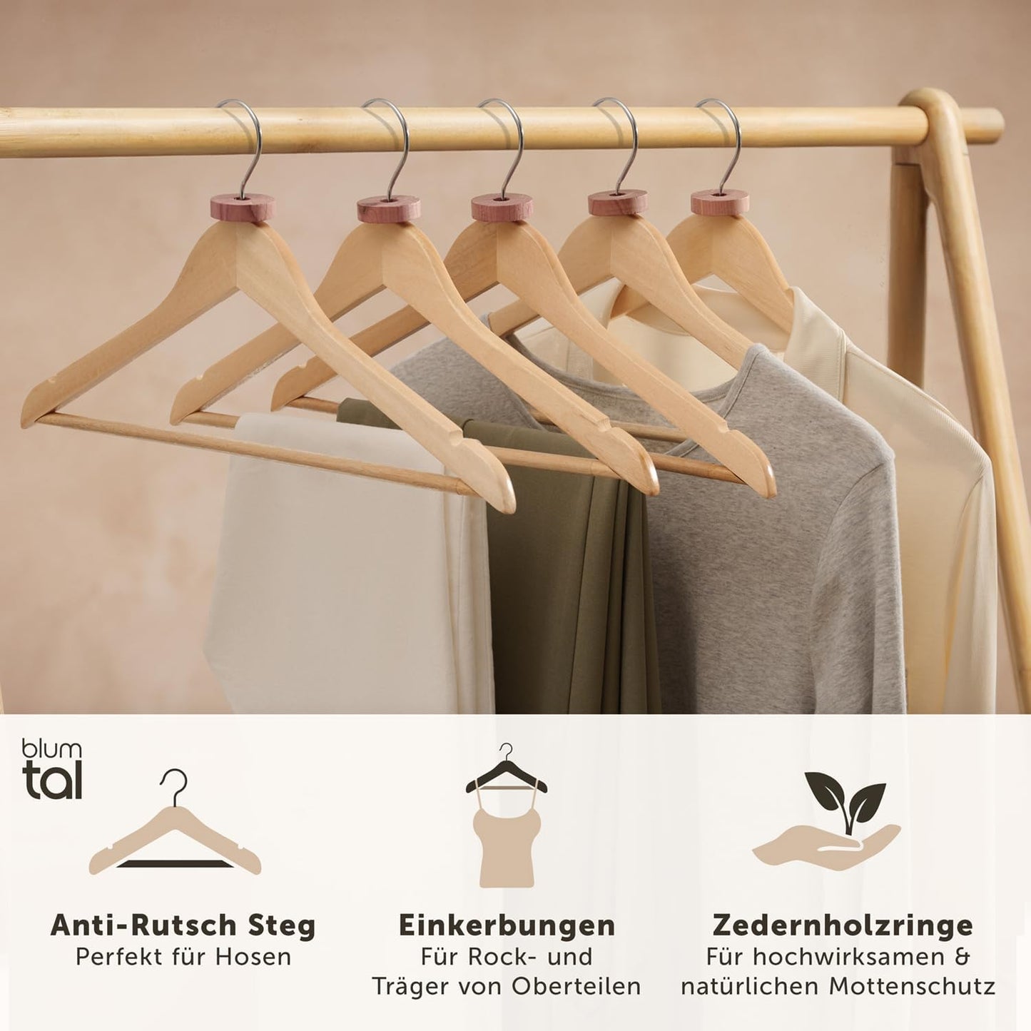 20er-Set Kleiderbügel mit Zedernholz-Ringe, 20er Set Natur