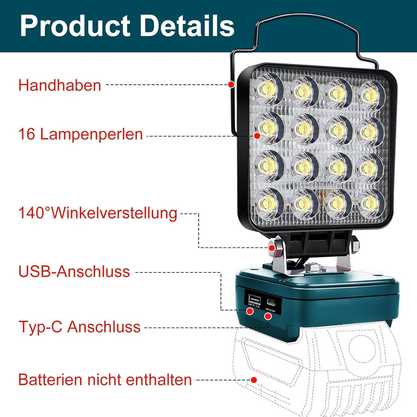 LED Arbeitsleuchte 18V Akku, Braun