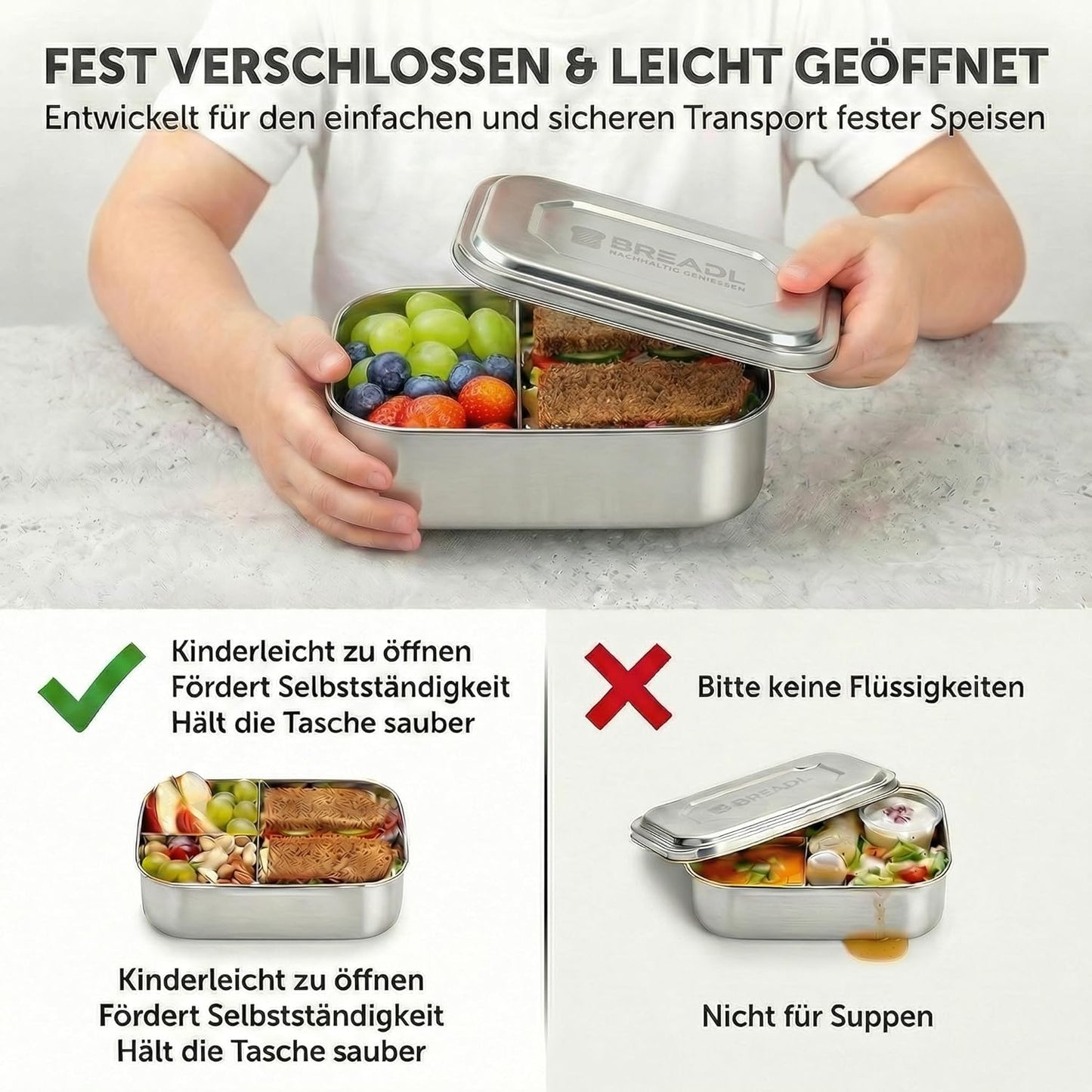 Lunchbox mit fester Trennwand, 1000ml / 2 Fächer Edelstahl