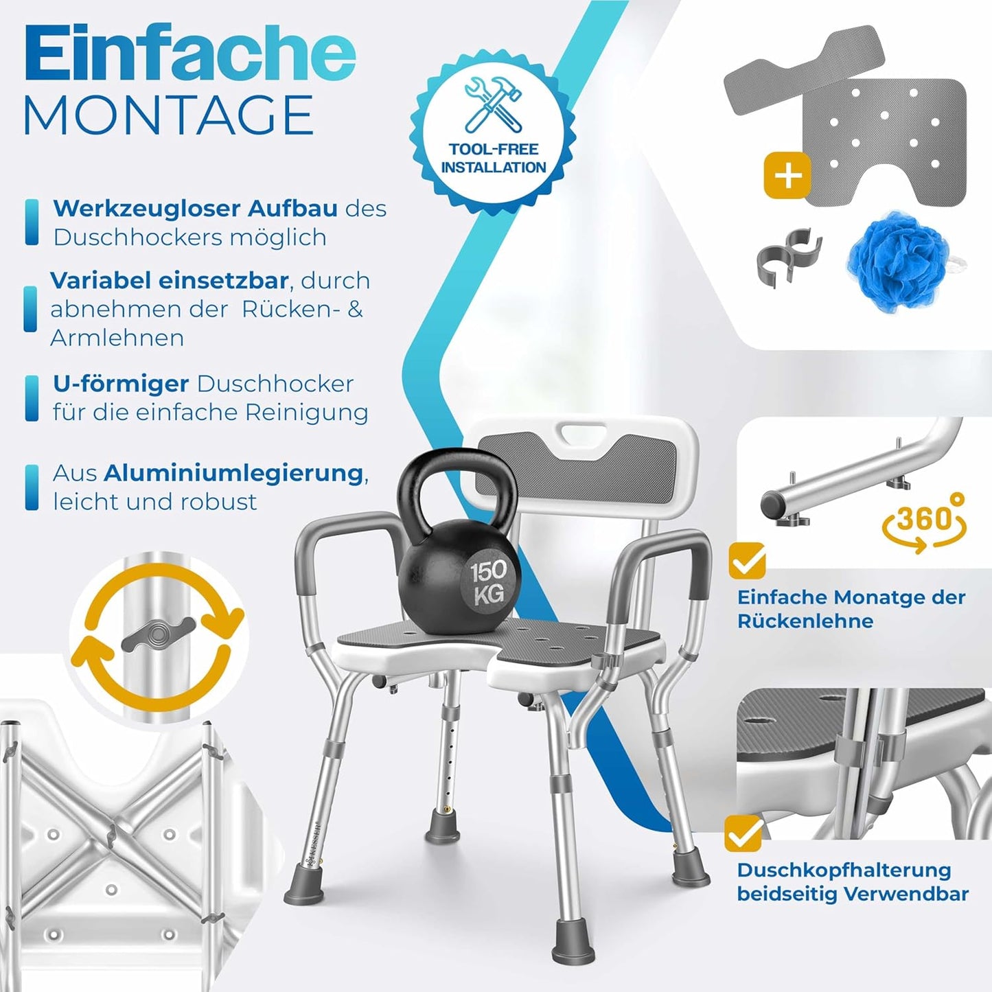 Duschhocker mit Lehne, Weiß / Grau