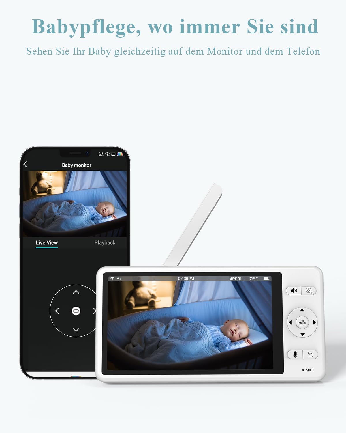 2K Babyphone mit Kamera und App, 5,5 Zoll Display, Blau-2 Packung
