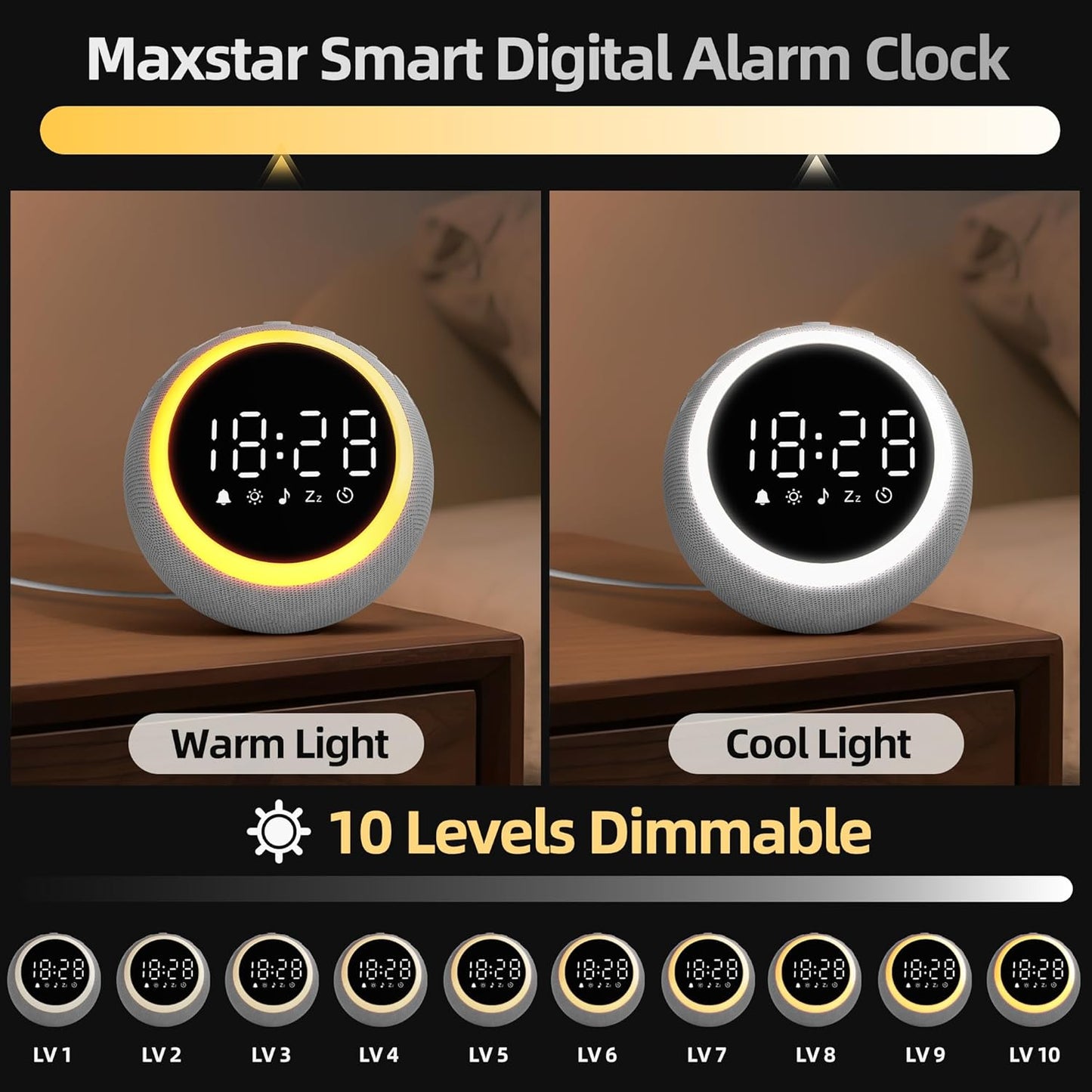 Digitalwecker mit Entspannungstönen & dimmbares Nachtlicht, 12CM Grau