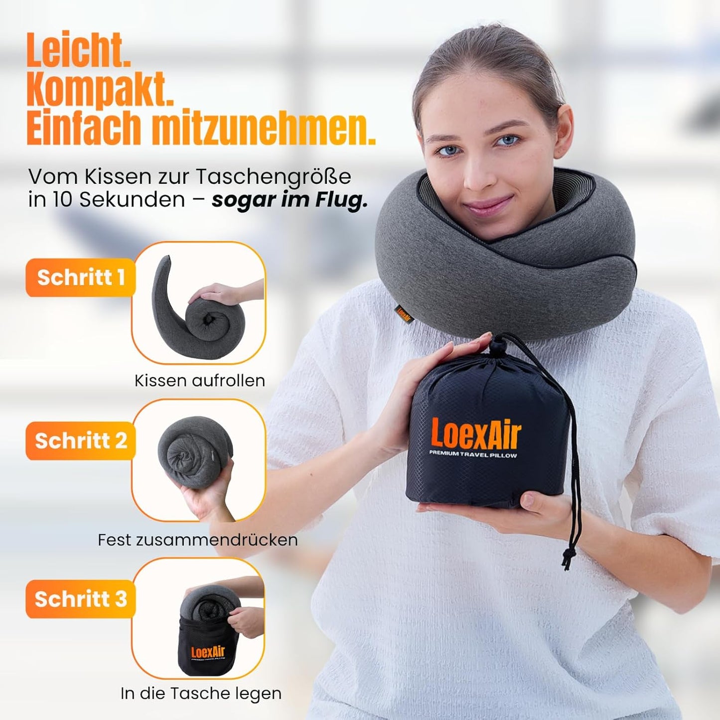 Reisekissen-Set mit Schlafmaske & Ohrstöpseln, Dunkelgrau Classic