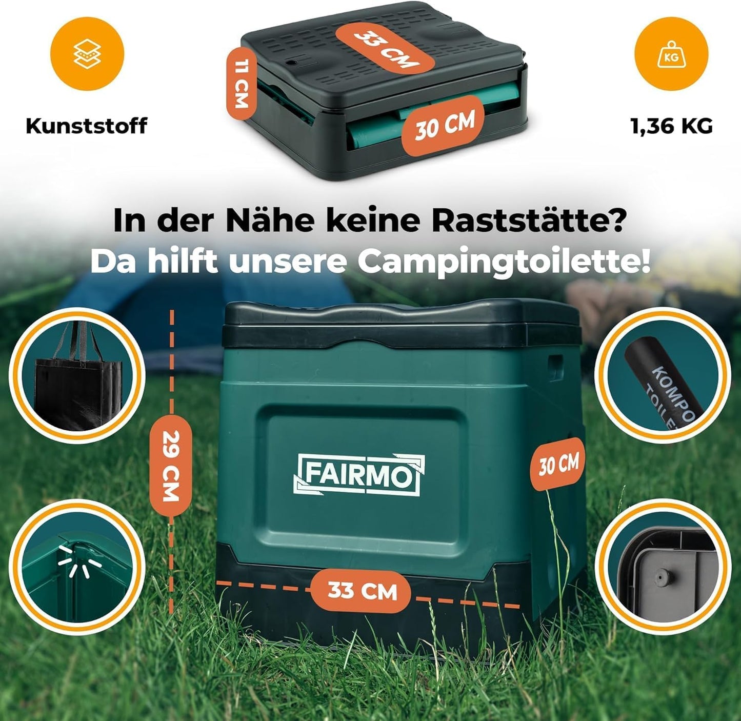 Faltbare Campingtoilette, Medium Grün