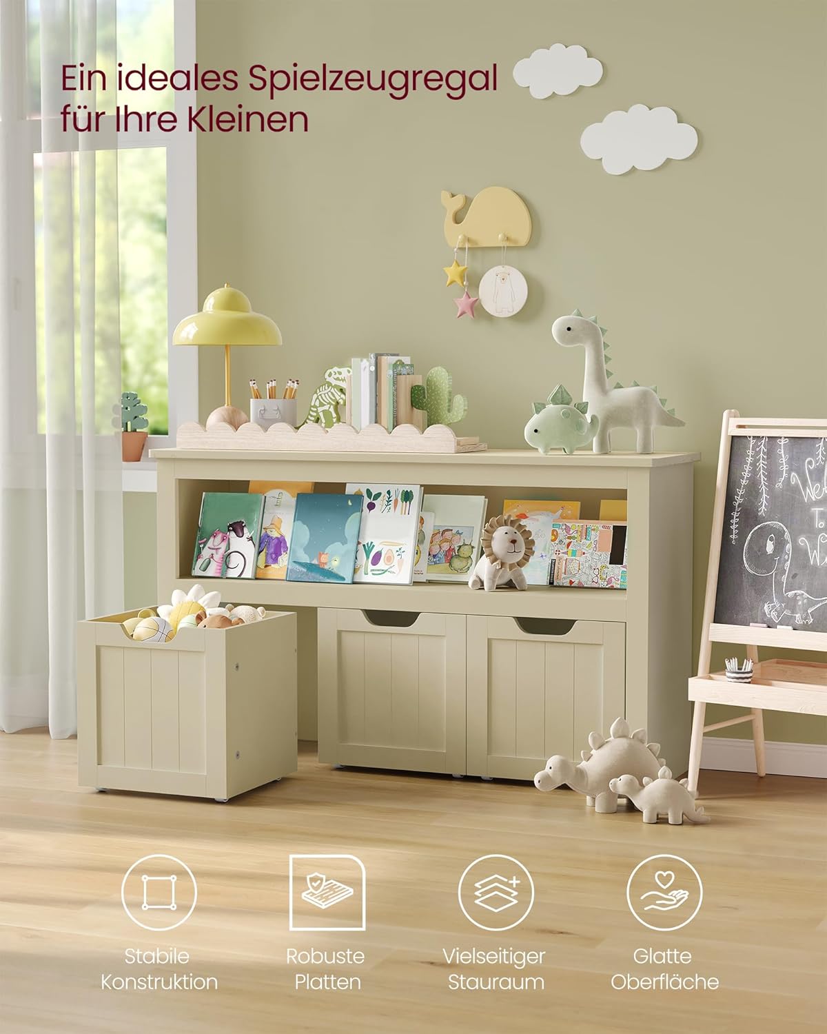 Kinder-Spielzeugregal mit Aufbewahrungsboxen und Rollen, Beige / Sandfarben 3 drawers
