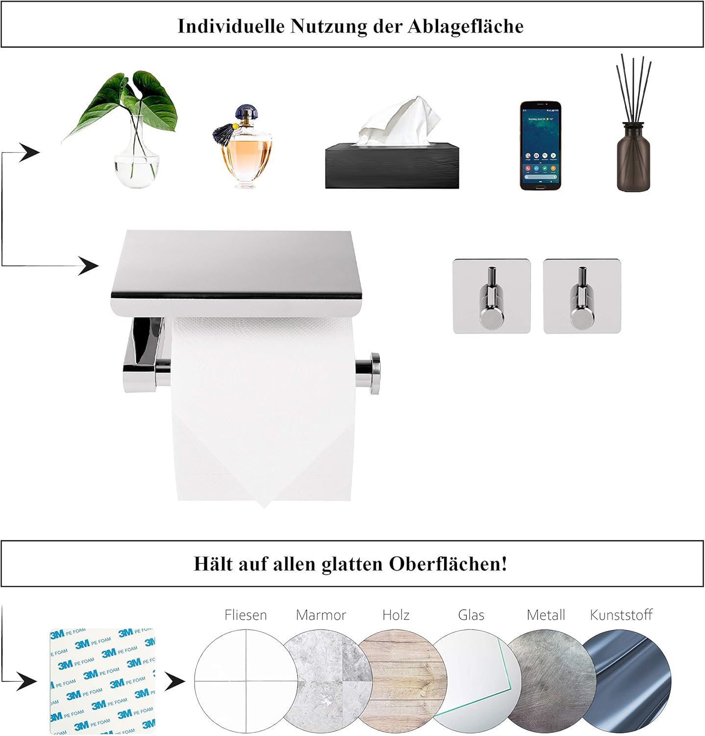 Selbstklebender Klopapierhalter mit Ablage, Chrome