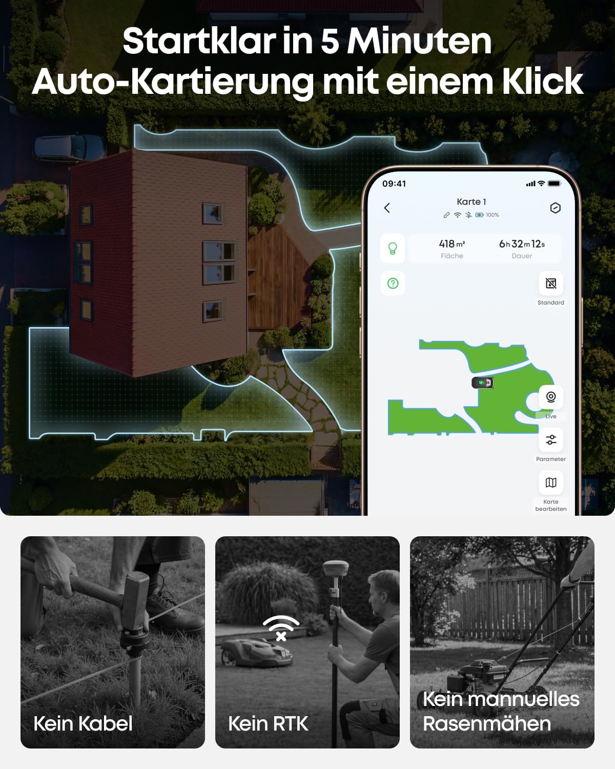 Mähroboter C15 ohne Begrenzungskabel mit Garage