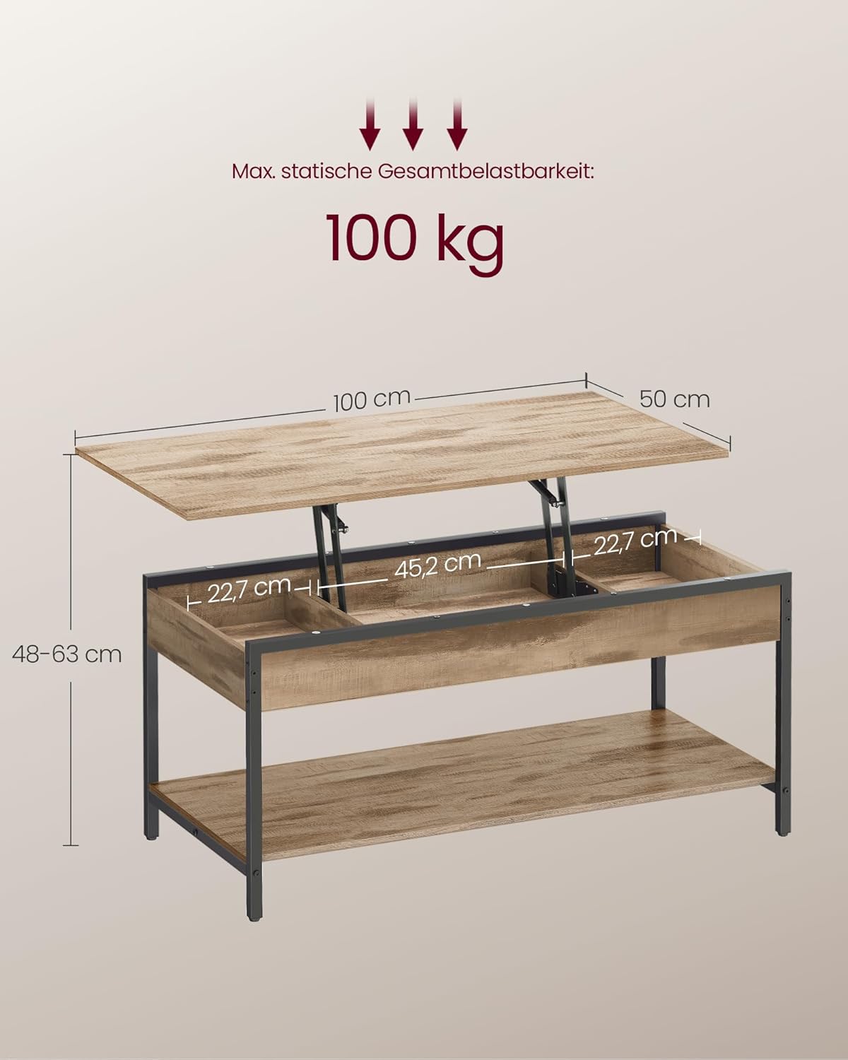 Höhenverstellbarer Couchtisch mit Stauraum, Kamelbraun+ Tintenschwarz