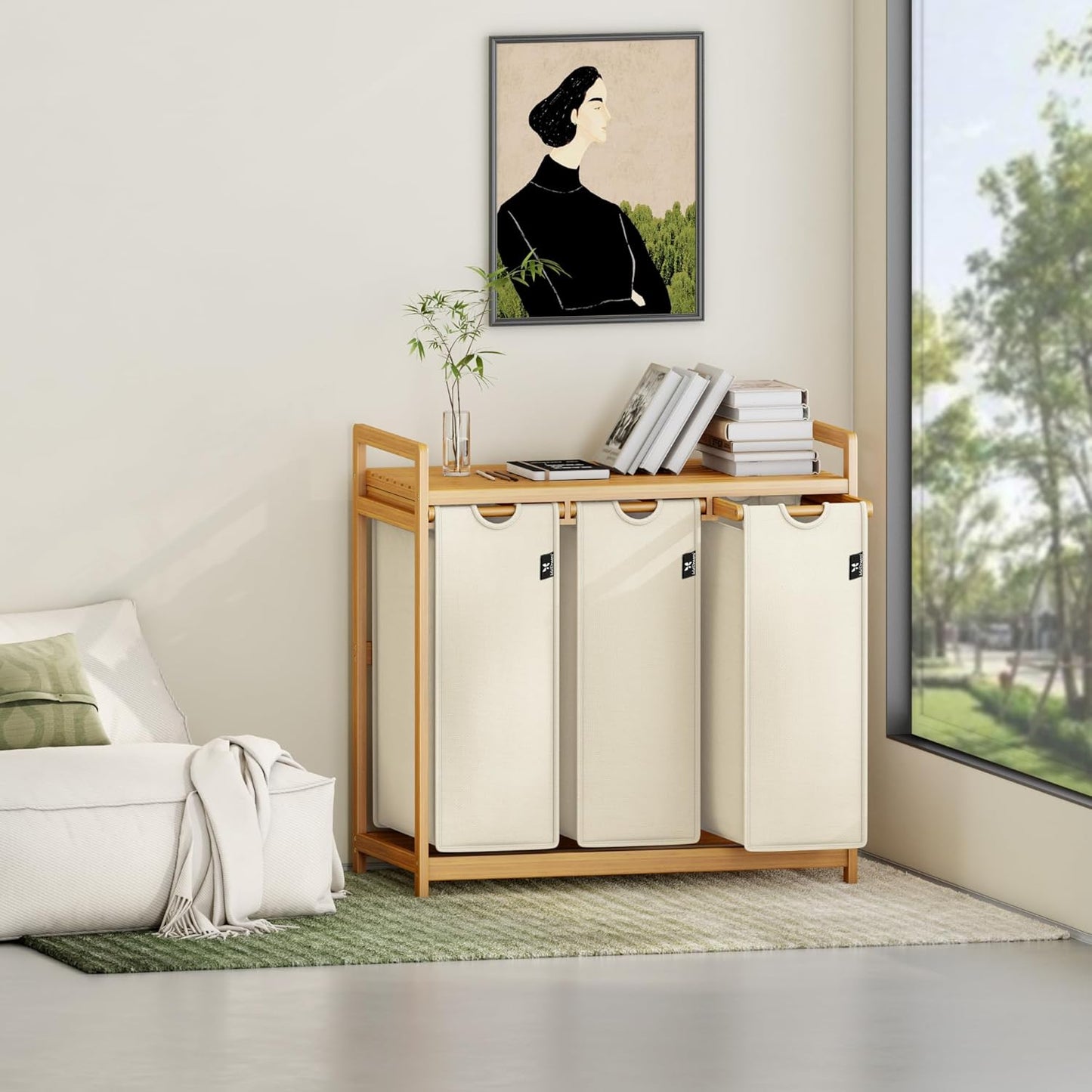 Wäschesortierer mit 3 abnehmbaren Fächern, Beige-6-18
