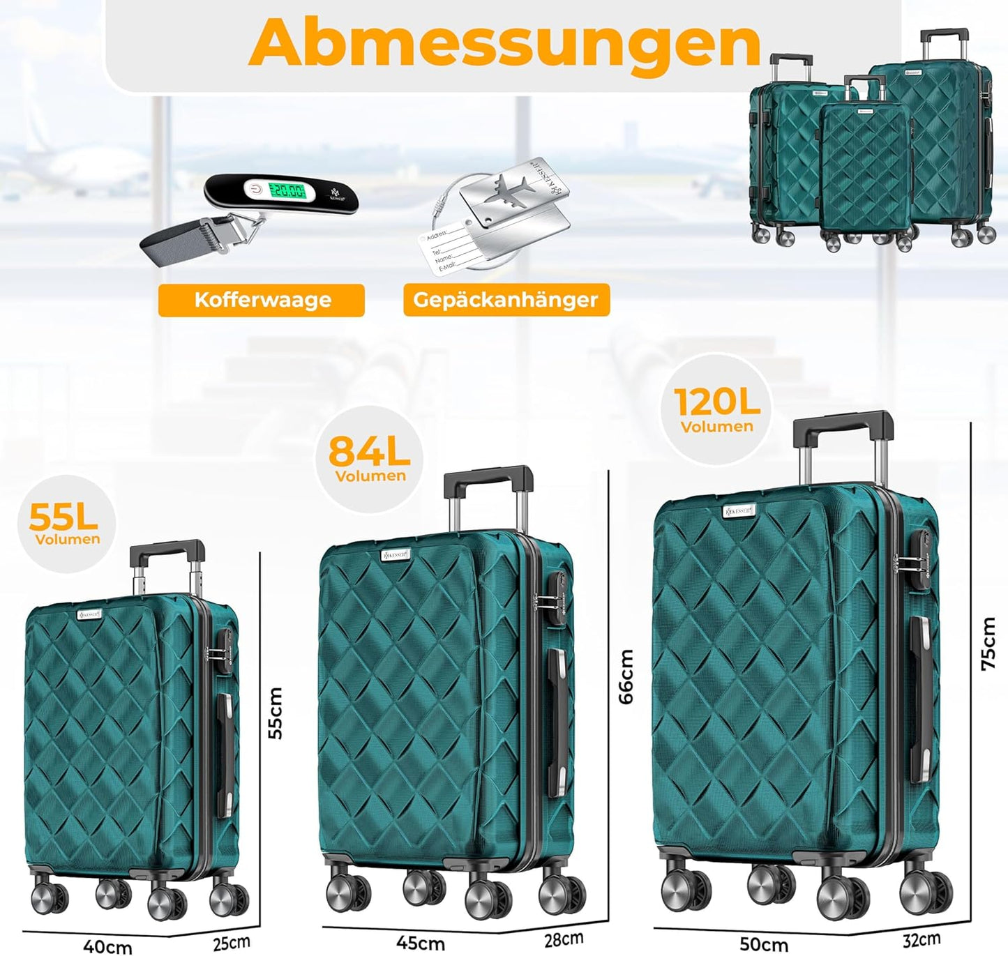 Reisekoffer-Set (3-teilig) mit Zahlenschloss & Zubehör, Petrol Teal