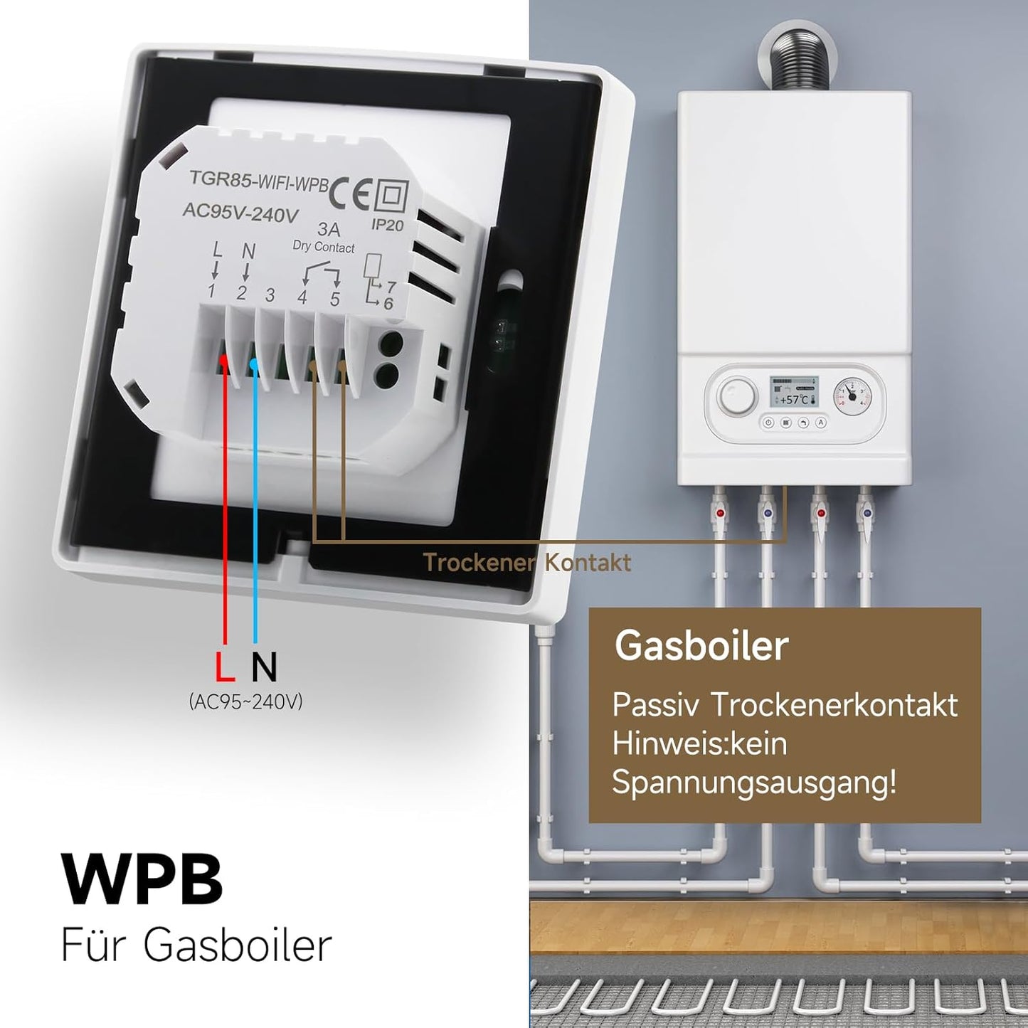 Smart Thermostat TGR85WIFI-WPB für Fussbodenheizung (WiFi-kompatibel), Gasheizkessel Thermostat 1Stk_WIFI