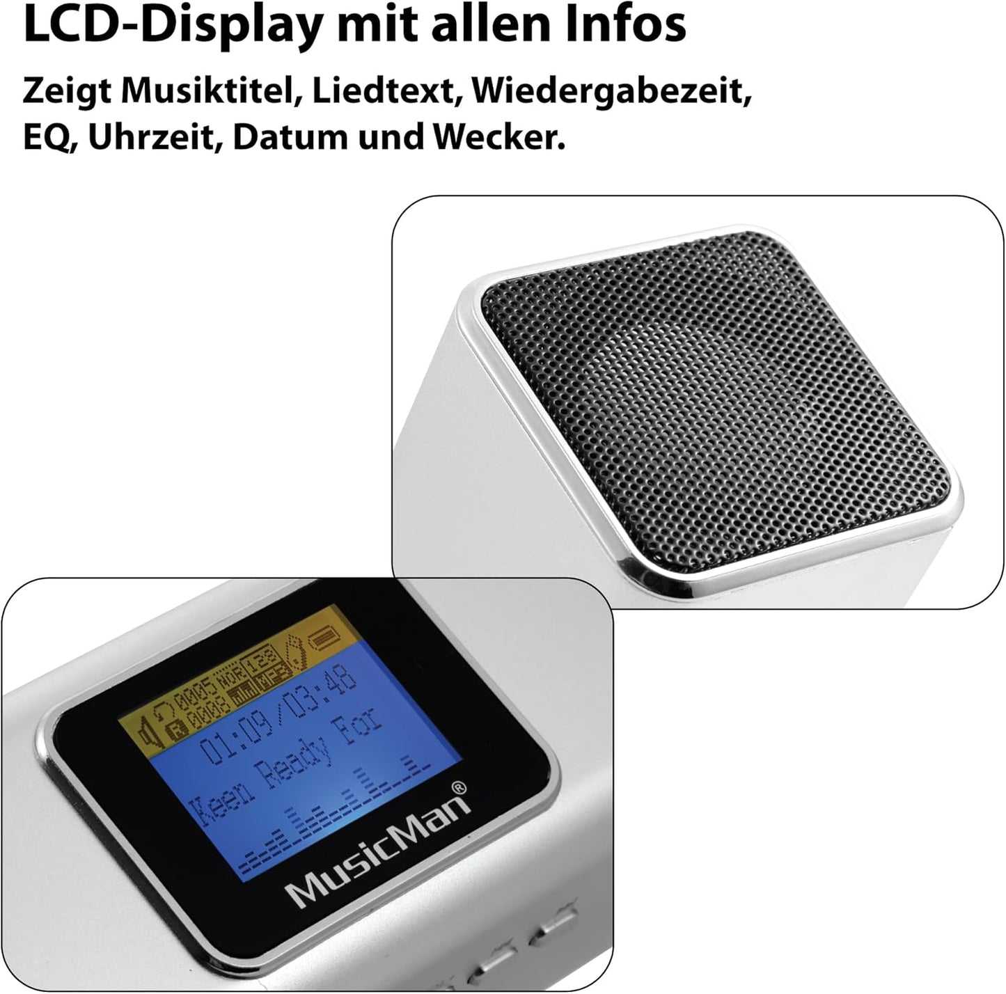 Mobiler Stereo Lautsprecher mit LCD Display, Silber mit Display Single