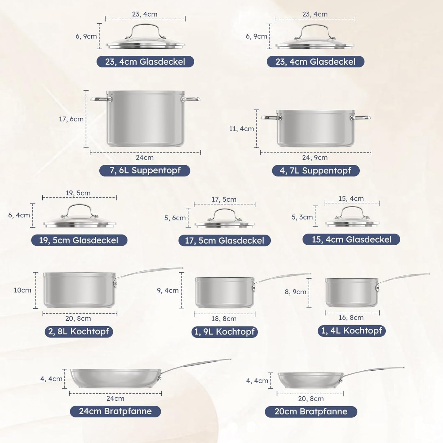 Topf- und Pfannenset 12-teilig Antihaft-Keramik, Cool Gray