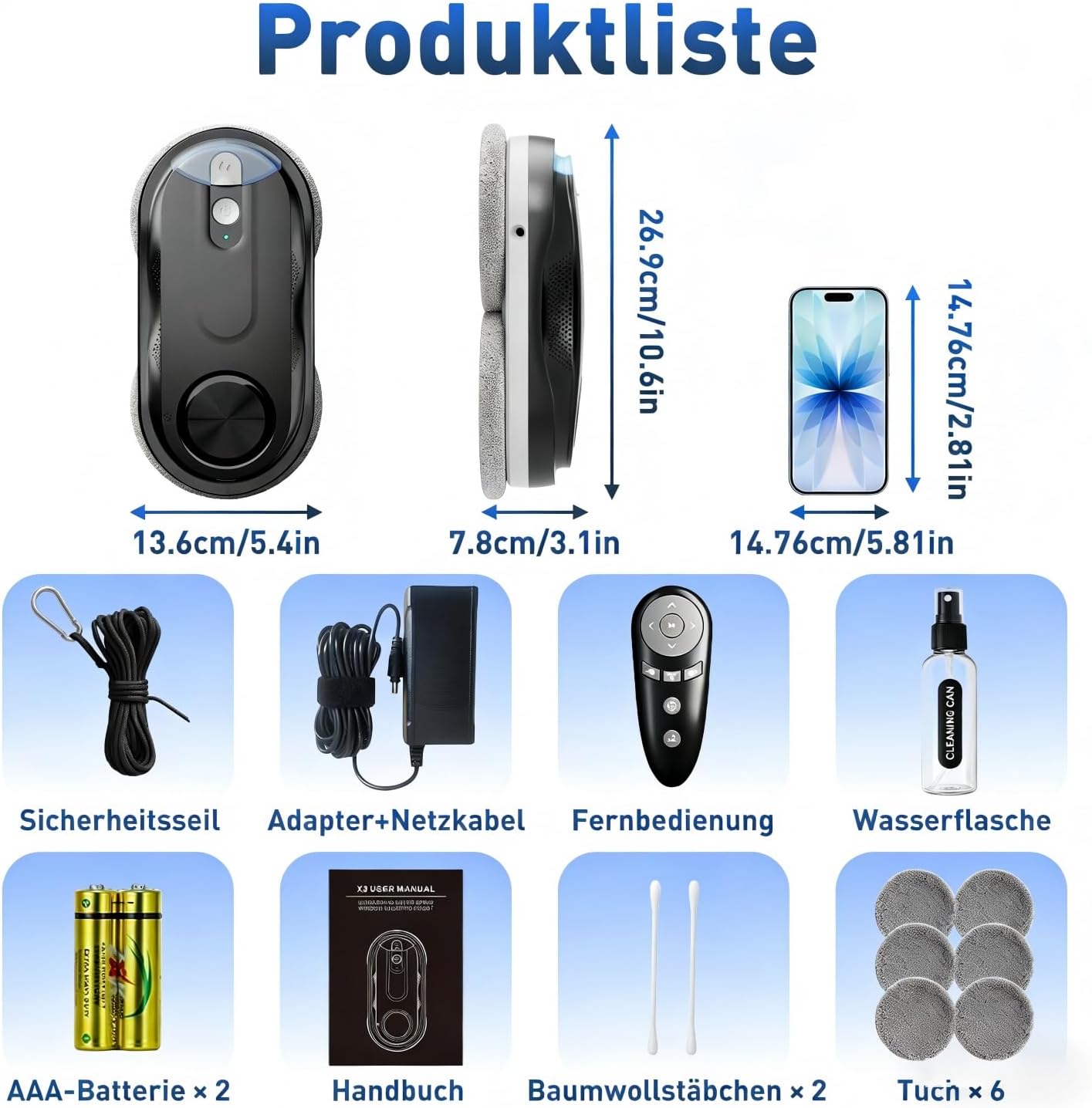 Fensterputzroboter mit Doppel-Spray & Fernbedienung, Schwarz