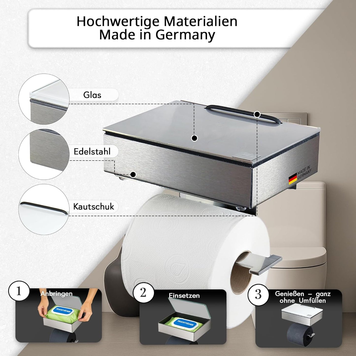 Toilettenpapierhalter mit Feuchttücherbox, Gehäuse Matt Abdeckung Edelstahl Befüllbar Von Rechts