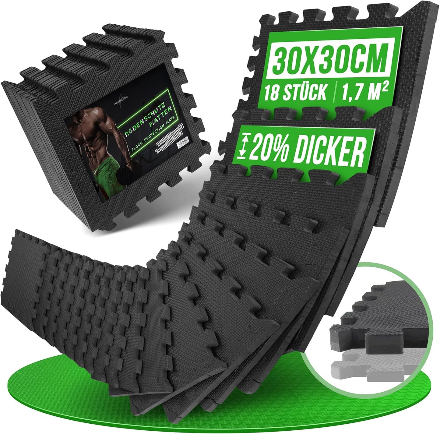 18 Stück Bodenschutzmatte für Fitnessraum (1,7 m²), 30x30 | 18 Stk. | 1,7 M²