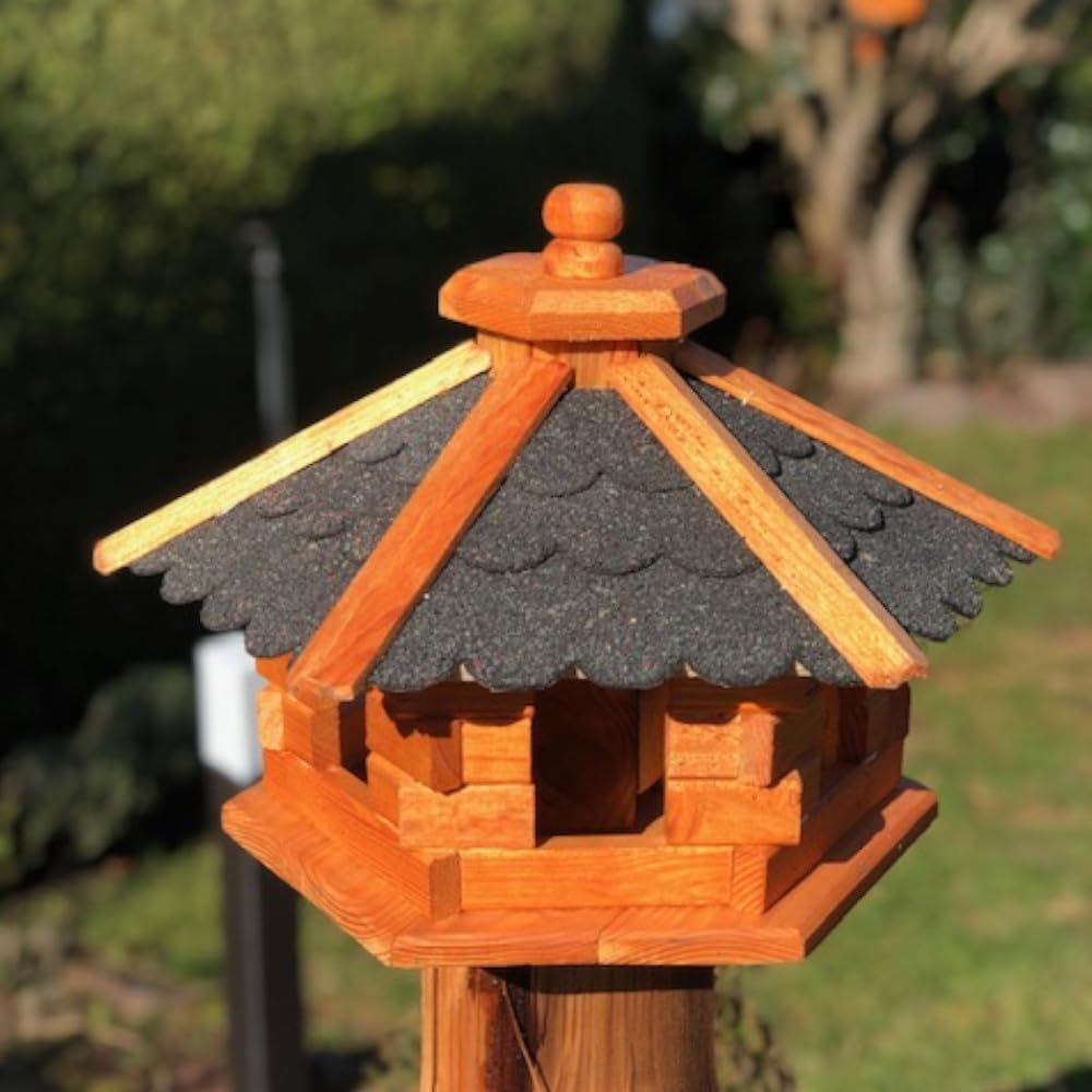 Handgefertigtes Sechseck-Vogelhaus aus Holz (Grösse M), Größe M ohne Ständer Schwarz - Braun
