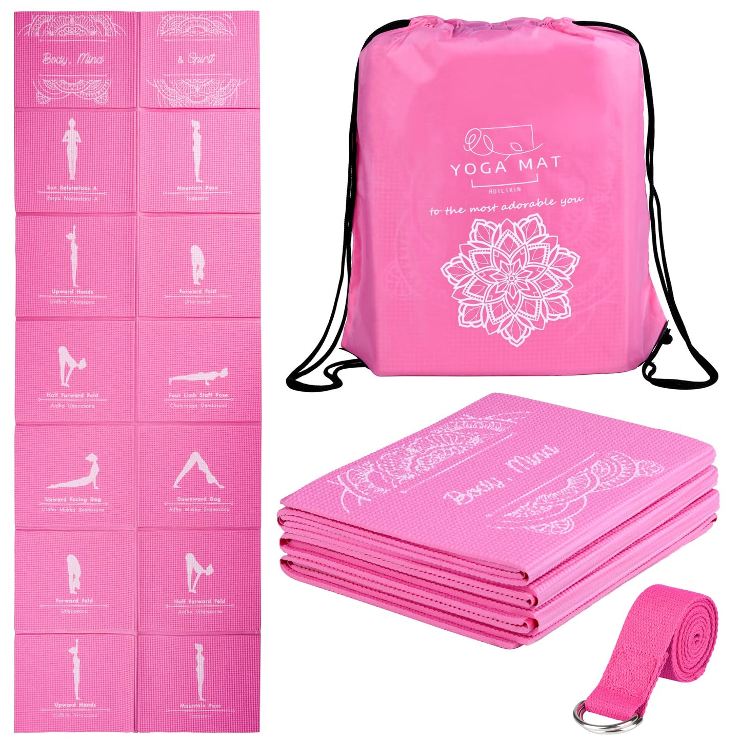 Faltbare Yogamatte mit Stretchband, Rosa