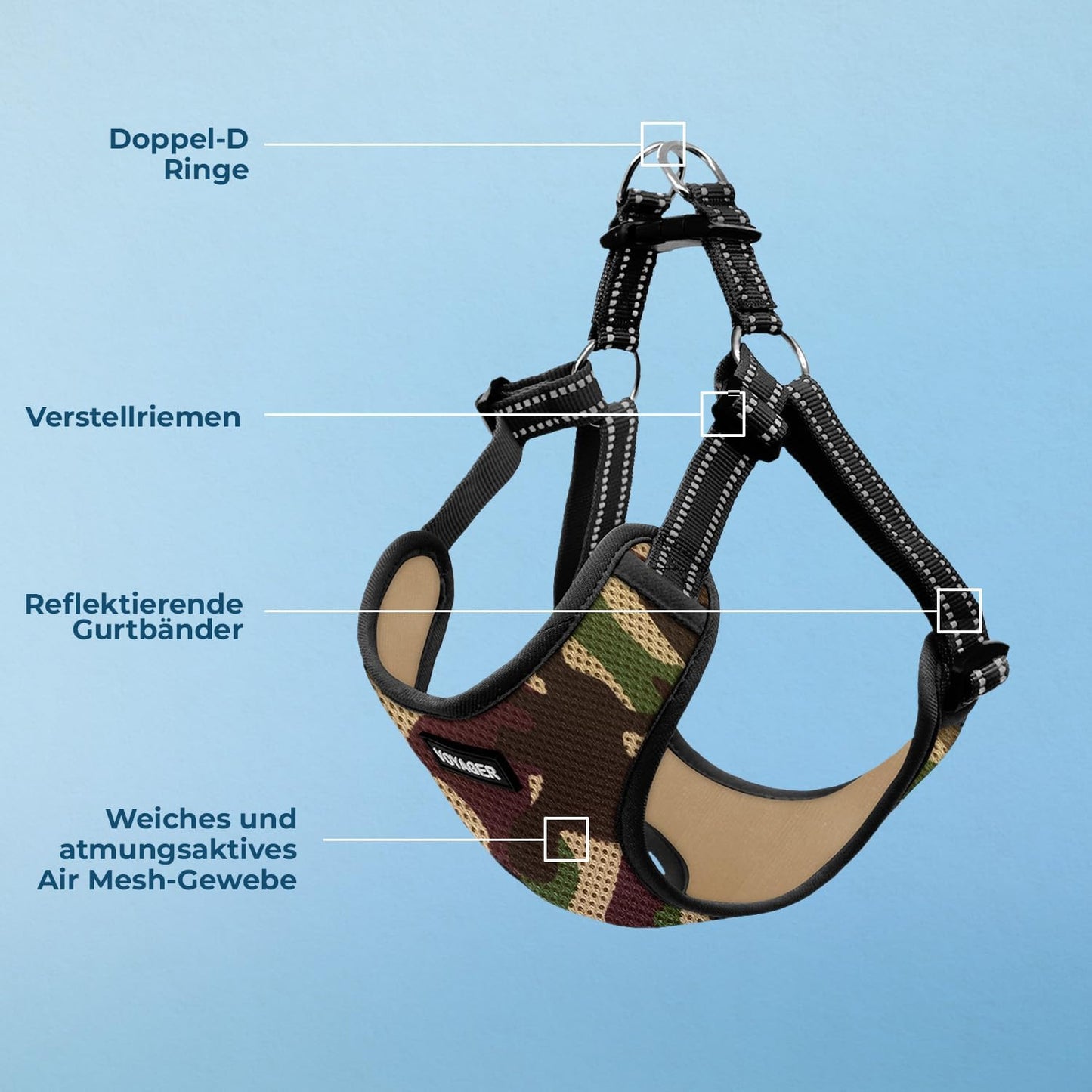 Verstellbares Hundegeschirr mit Reflektorstreifen, Armee-Basis S (Chest: 15 - 18")