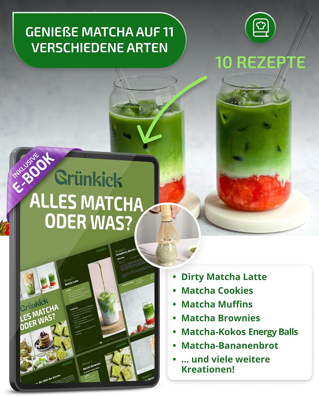 Matcha-Set mit Schale und Besen, Grün