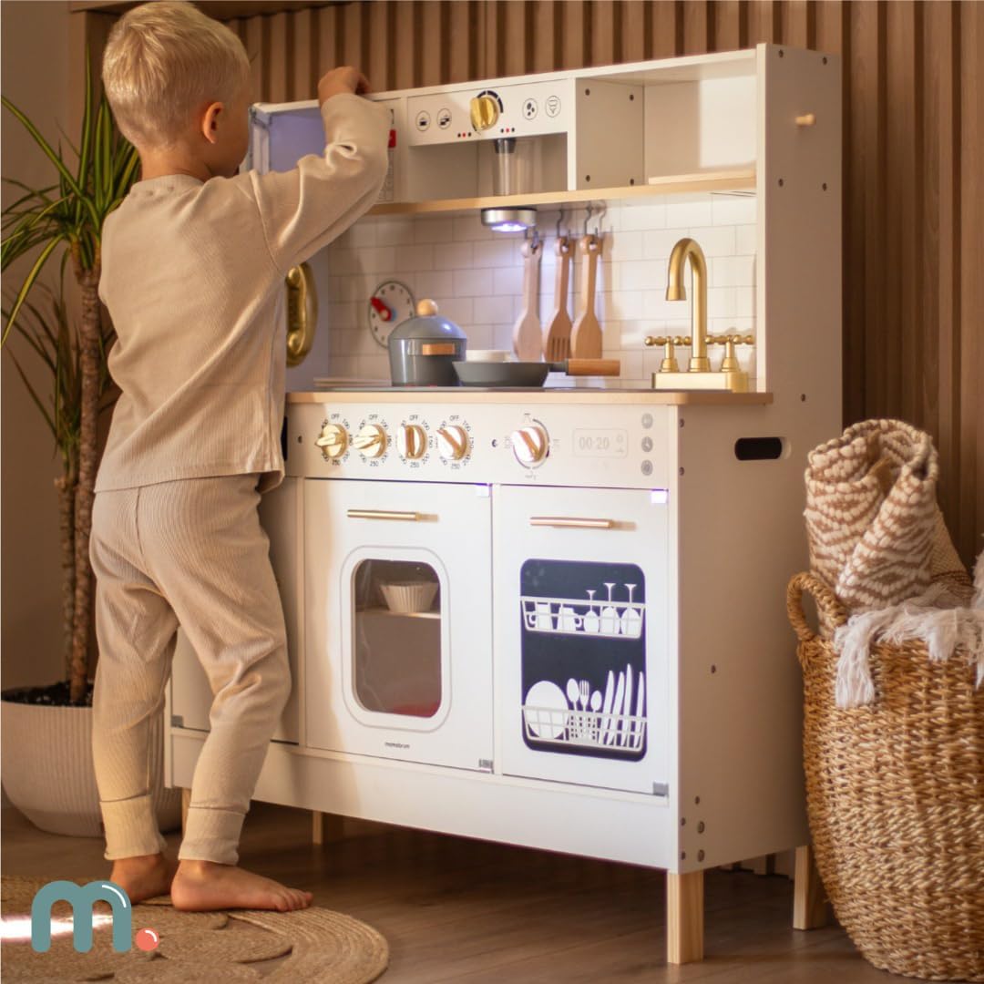 Höhenverstellbare Kinderküche mit LED, Eiswürfelbereiter, Mikrowelle, Kochfeld und Spülmaschine, Holz-kinderküche mit Led-beleuchtung