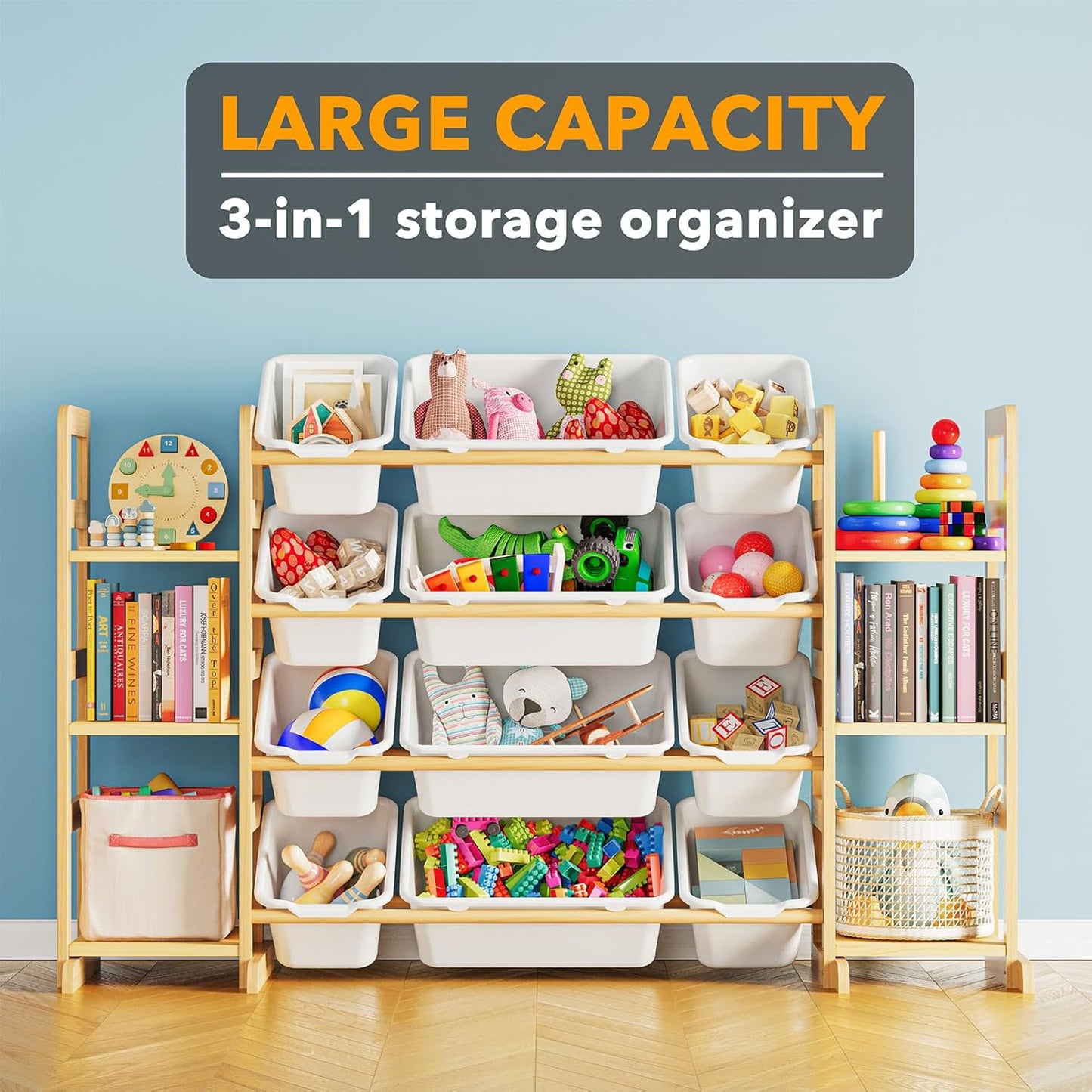 Spielzeug-Organizer mit 6 Regalen und 12 Behältern, Natur 132.8 CM, 6 Regalböden, 12 Boxen 1
