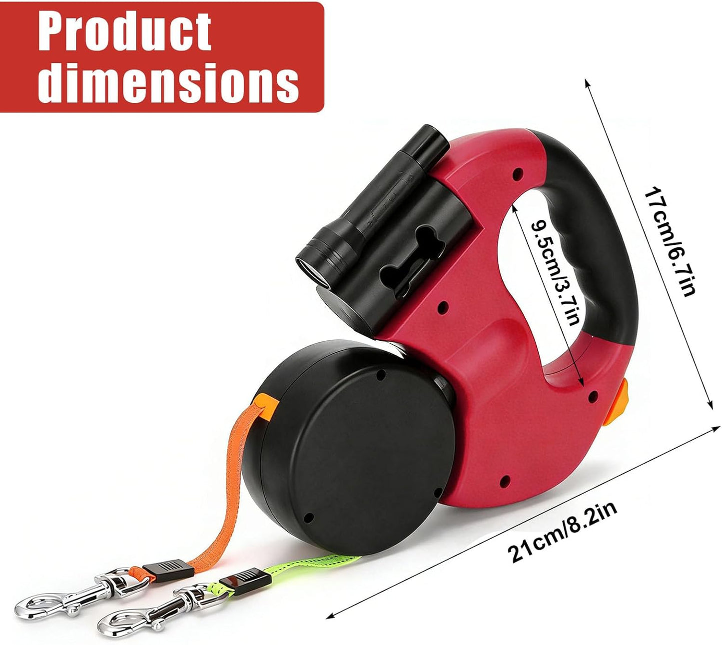 Einziehbare Doppelleine mit LED für 2 Hunde, 3m, Rot