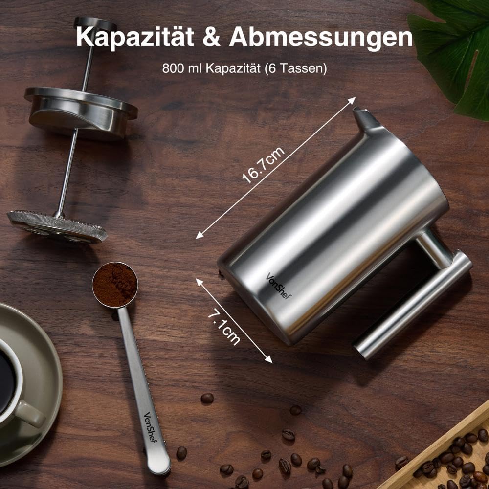 Kaffeepresse für 6 Tassen, Isolierter Kaffeebereiter, 800ml/6 Tassen