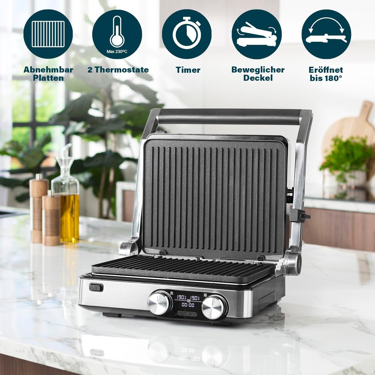 Digitaler Tischgrill Master Pro 2 mit 2 Thermostaten, Digitaler Kontaktgrill