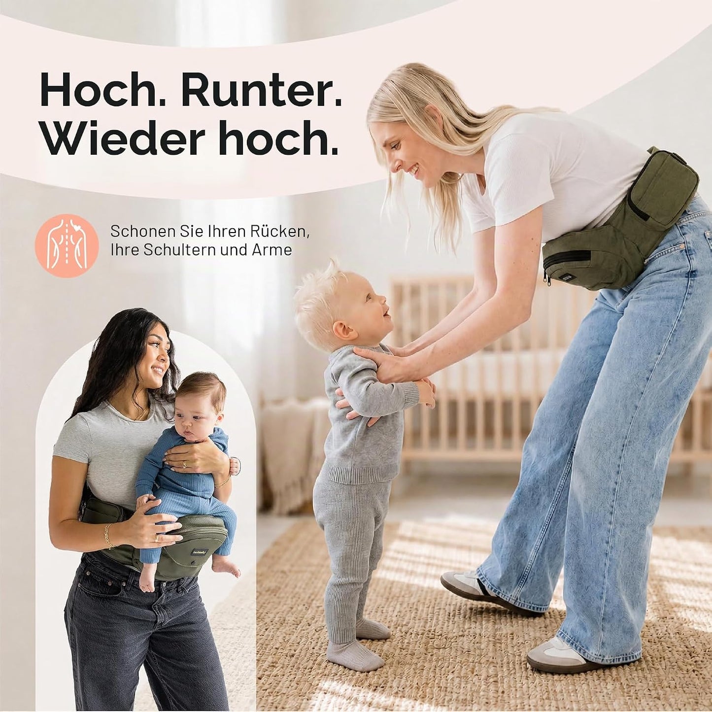 Ergonomischer Baby-Hüftsitz mit Stauraum, Olive