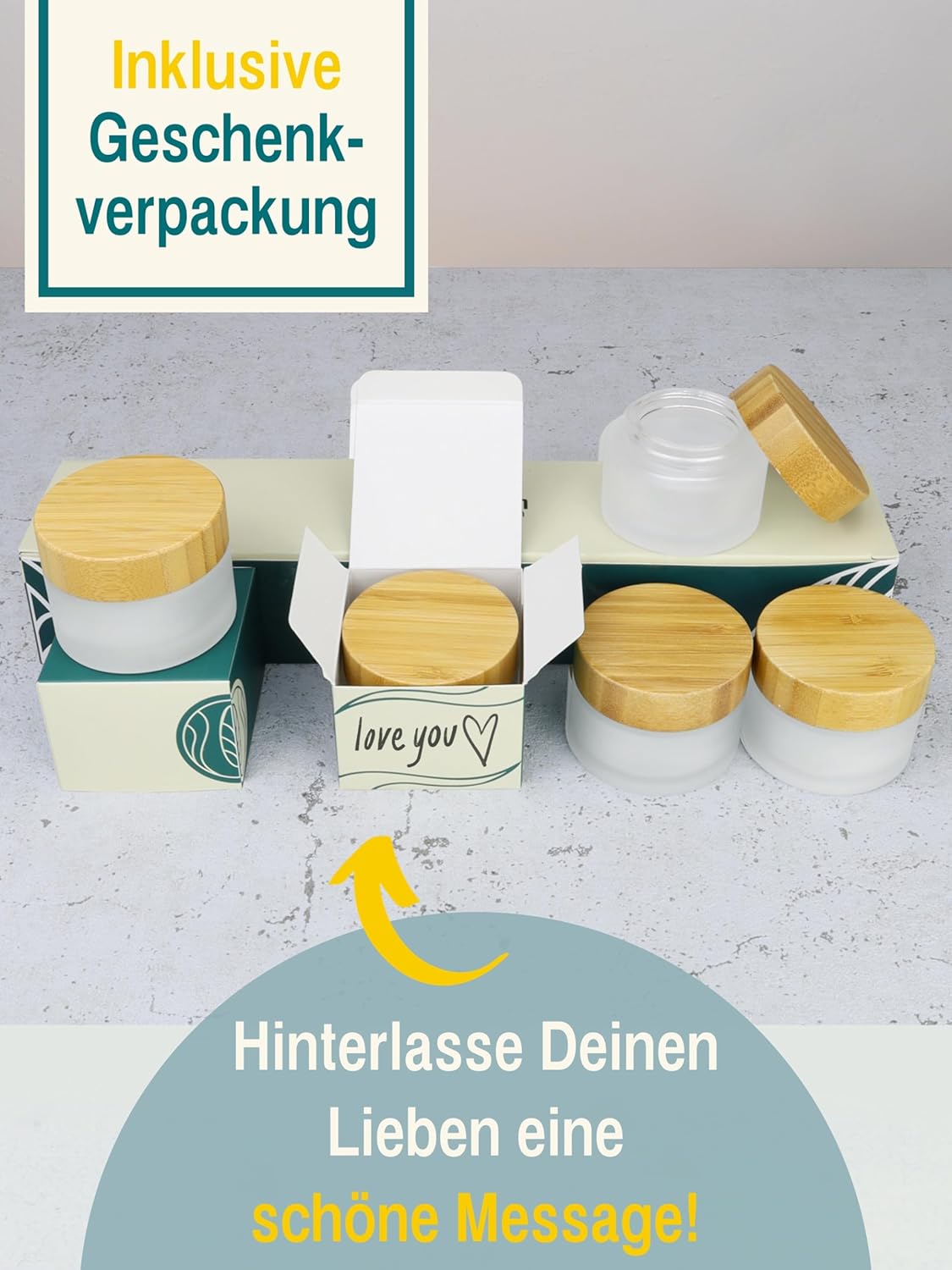 Leere Glastiegel mit Bambusdeckel, 5x 50 ml, 50ml | 5 Stück Milchglas mit Bambusdeckel