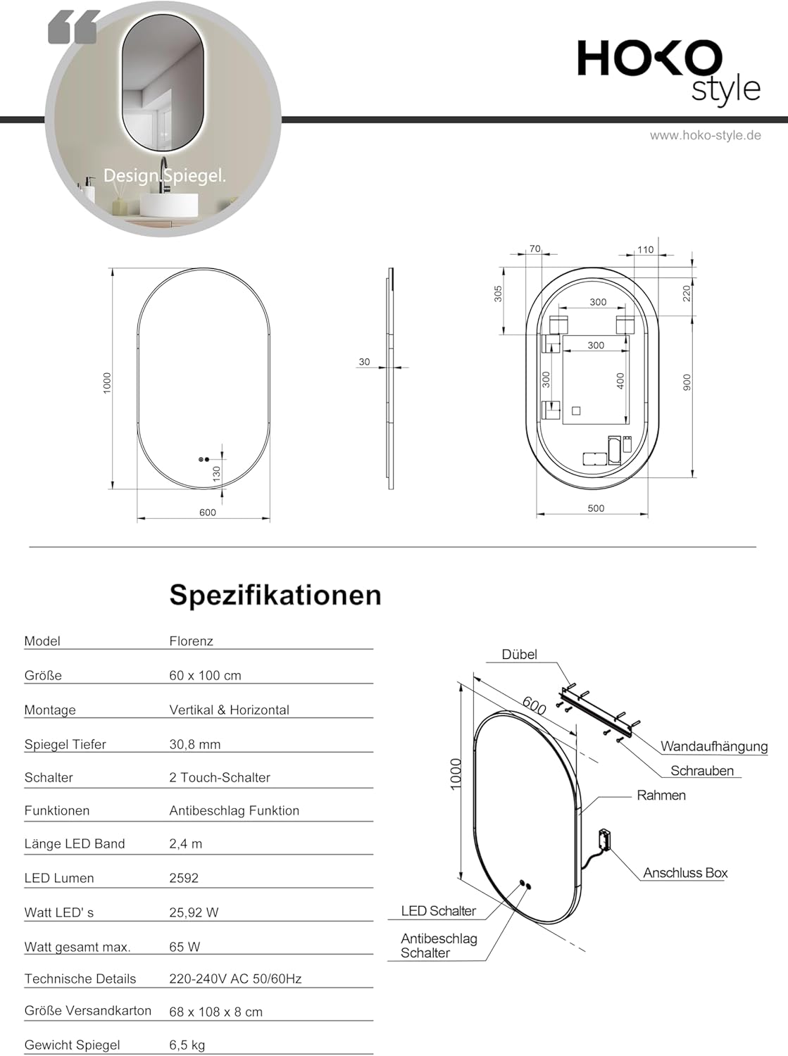 Ovaler LED-Antibeschlagspiegel 60x100 cm, Schwarz-oval Antibeschlag 100L x 60B cm