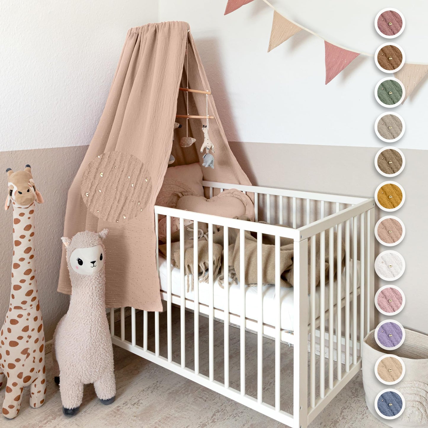 Betthimmel für Babybett mit Applikationen und Himmelstange, Beigerosa mit Himmelstange