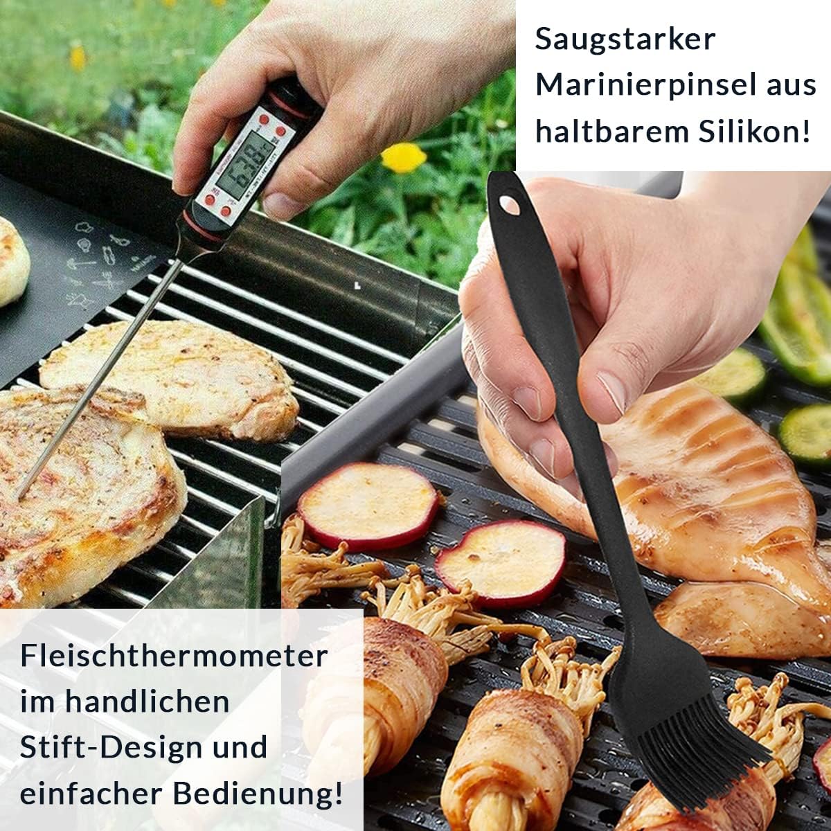 Hitzebeständige Grillhandschuhe mit Grillthermometer, Schwarz - Gr. L/Xl