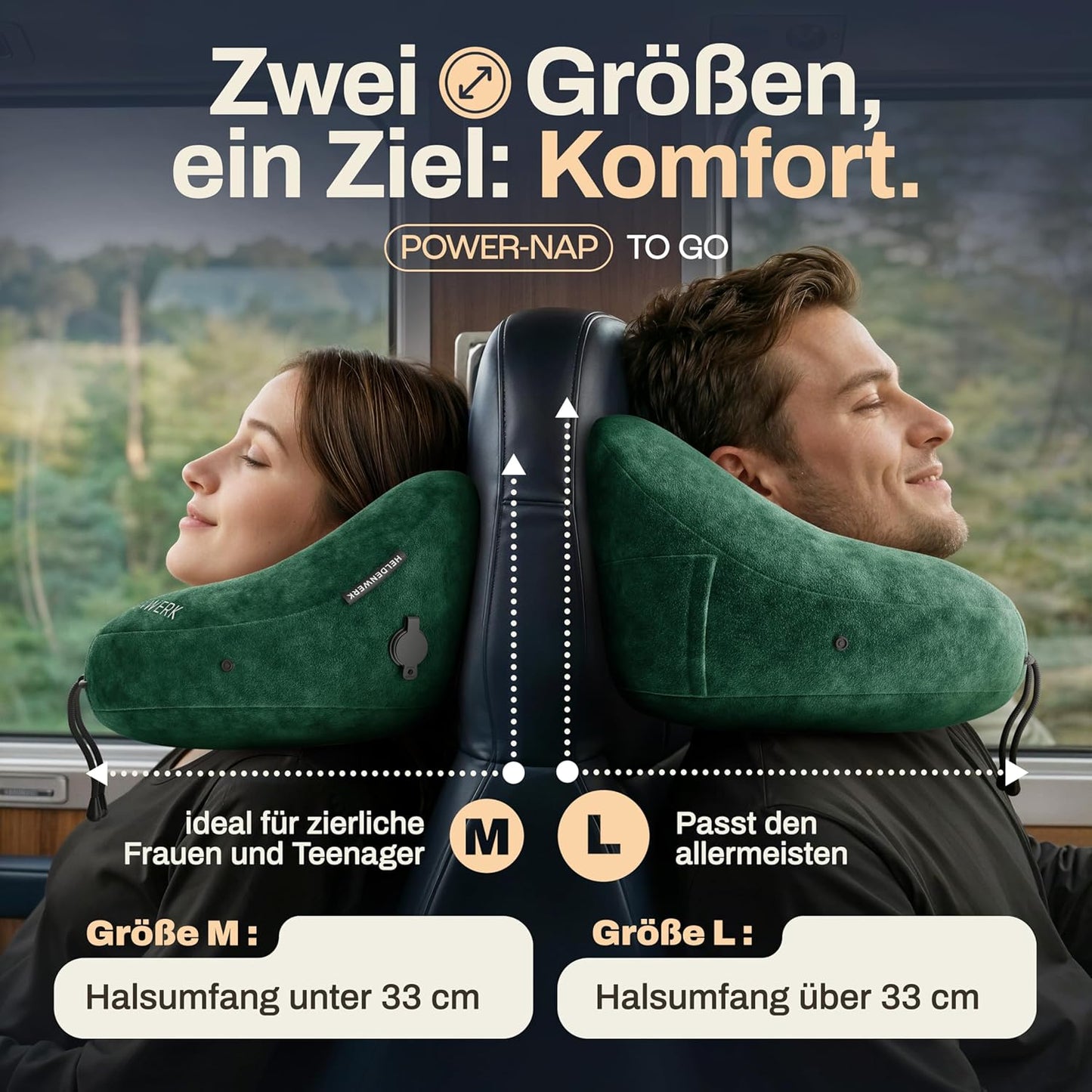 Aufblasbares Nackenkissen mit abnehmbarer Kapuze, Grösse L, Grün Gross - passt den meisten