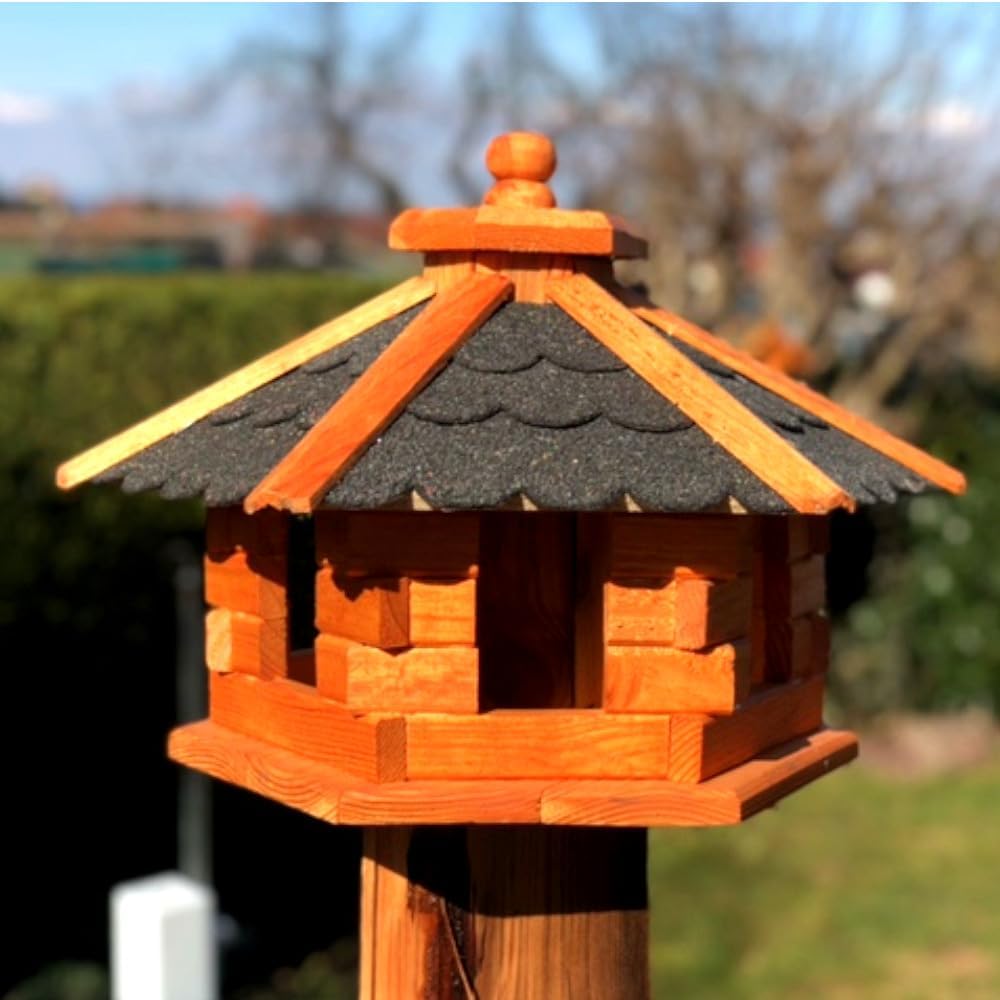 Handgefertigtes Sechseck-Vogelhaus aus Holz (Grösse M), Größe M ohne Ständer Schwarz - Braun