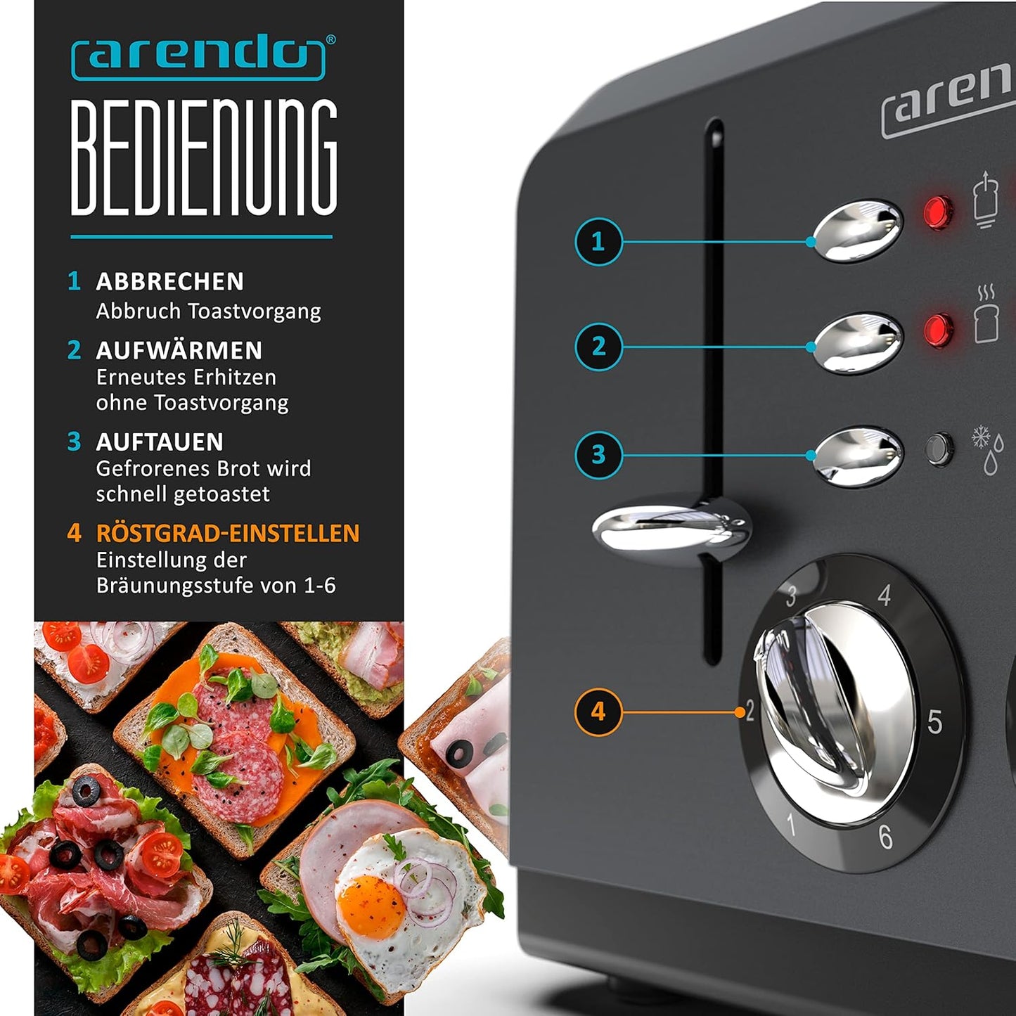 Breakfast X2 Toaster für 4 Scheiben, mit Auftau- Aufwärm- und Stoppfunktion, A: Cool Grey