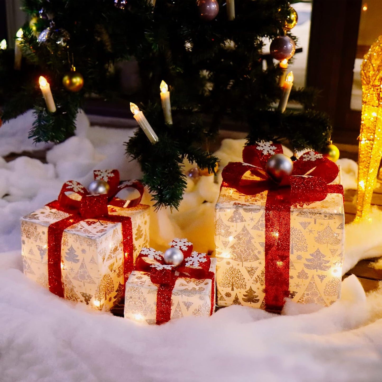 3er LED Geschenkbox Set mit Lichterkette, 009 Weiss mit Weihnahchtsbaum - Netzstecker