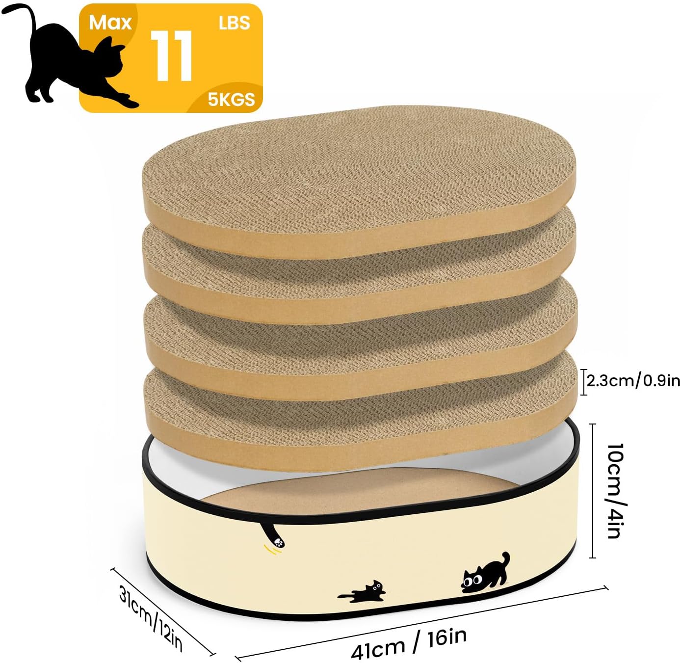 Katzen-Kratzbrett mit Box und 4 Ersatzbrettern, Groß Katzenbox + 4 Kratzbäume + Sticker